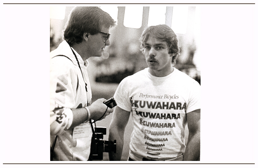 Brad is shown interviewing BMX Pro racer Clint Miller at the ABA Grand Nationals in the early 1980's.