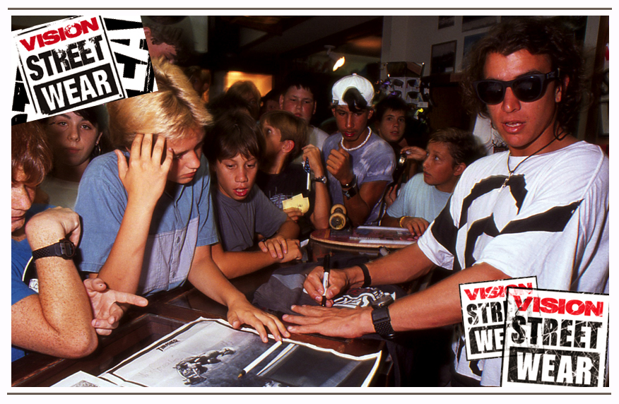 The infamous Mark Gator Rogowski signs autographs for kids during a trip to Hawaii. Brad traveled the world and with his team of legendary pro skateboarders.