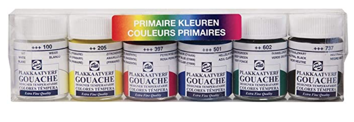 Talens - Extra Fine Gouache Paint - 6x16ml Jars of Assorted Primary Colours