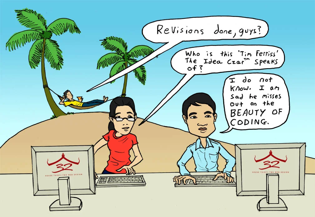 Cartoon from House 32 about their work on my blog re-design