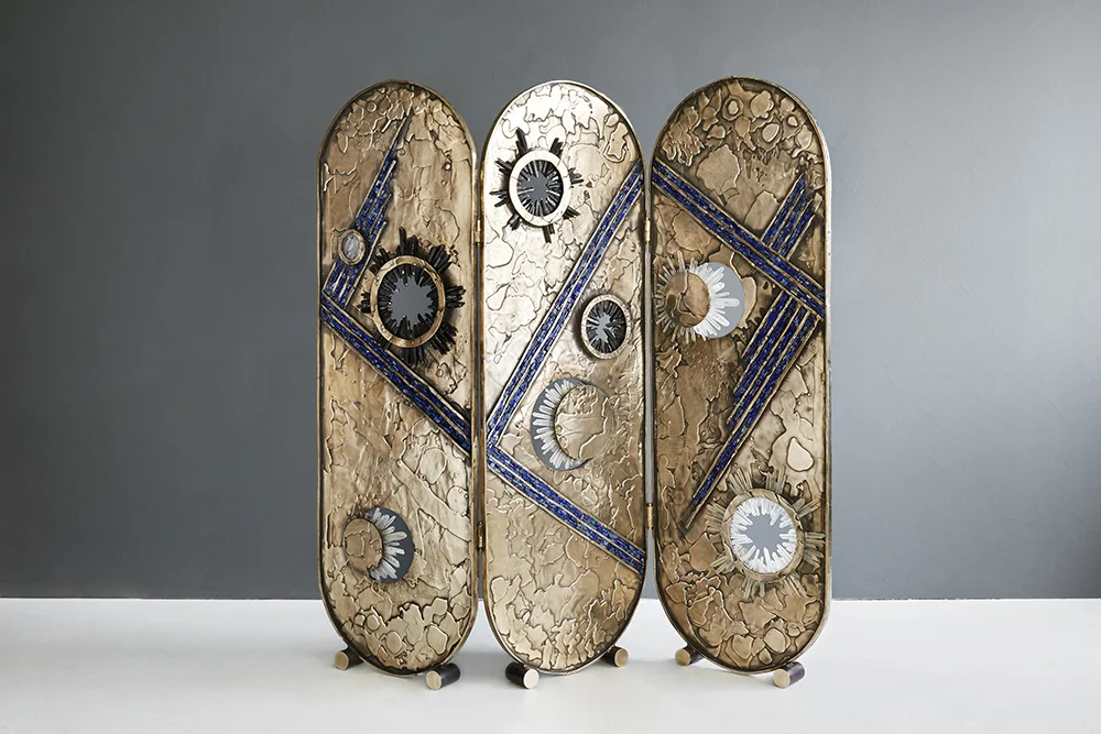 VANITY SCREEN , 2017 Lost Wax Bronze, Clear Quartz, Smoky Quartz & Lapis Lazuli Christopher Boots 69.5” H x 70” W x 1” D Unique Piece 125000