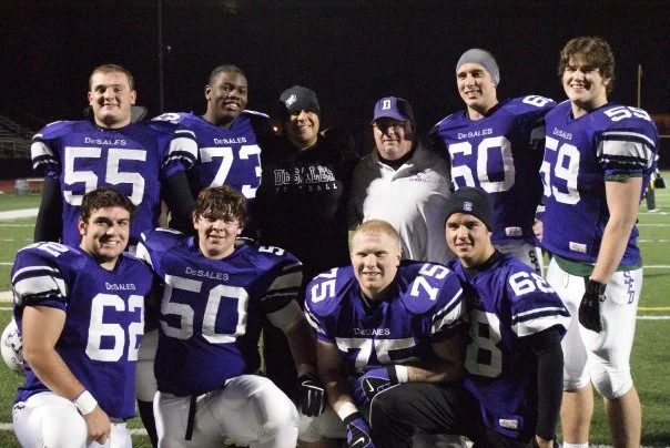 Senior Offensive Lineman with their position coach Tim Bahen (photo credit - Barb Dougherty)