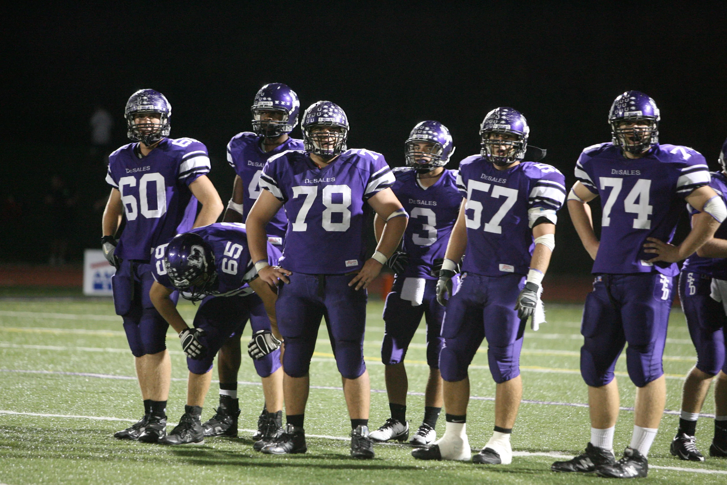 The offensive line (pictured from L to R) of Alex Vance (60), Josh Richmond (65), Jake Smith (78), Greg Dolcich (57) and Matt Ray (74) helped pave the way for a big 2nd half by Josh Kusan (photo credit - Barb Dougherty)