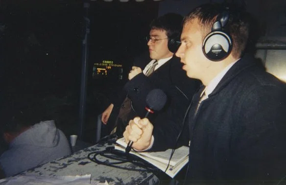Scott Bacon (left) and Tom Snyder (right) calling a Division-II Regional Final in Welcome Stadium. 