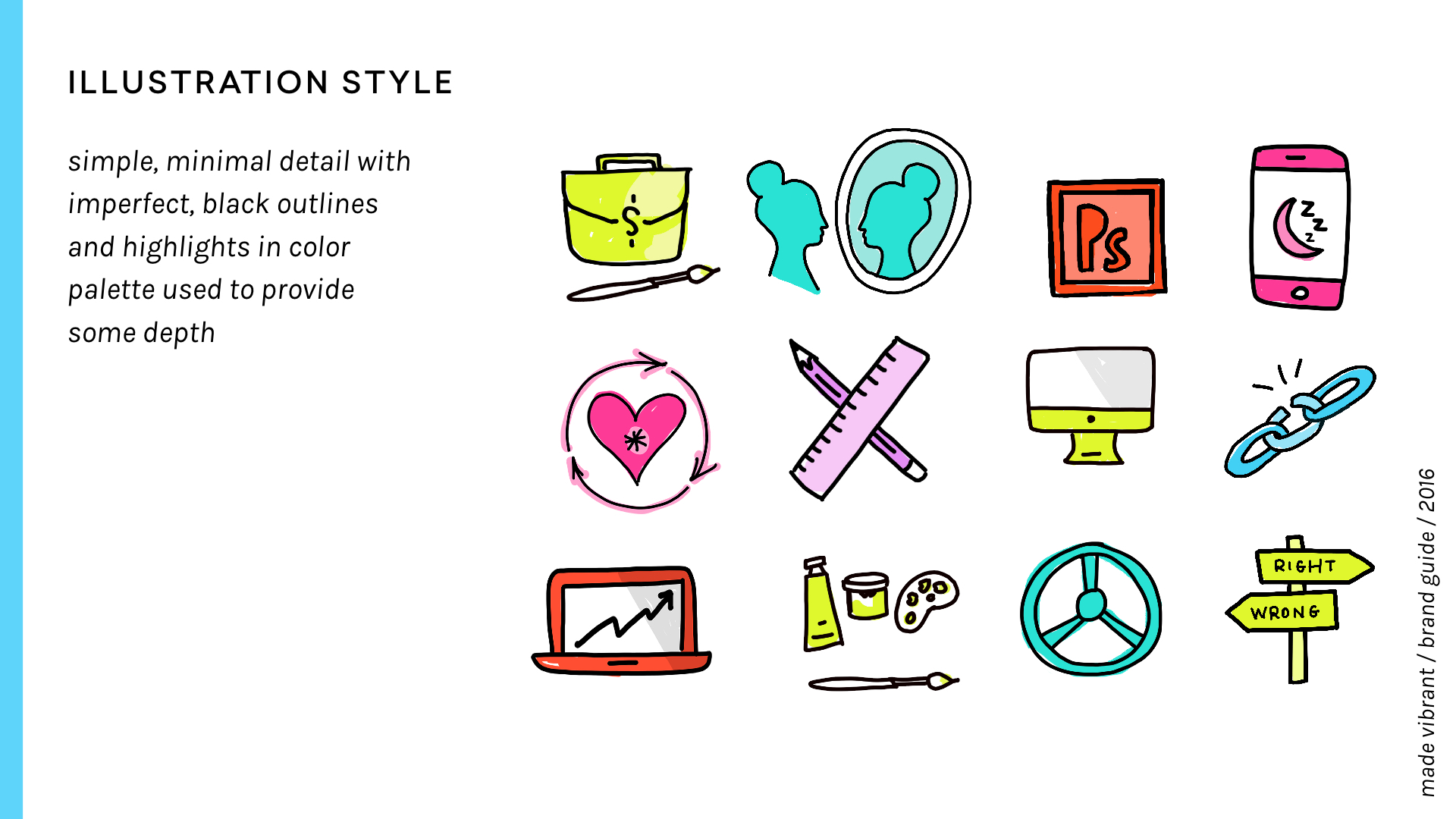 Made Vibrant 3.0 Brand Guidelines / vibrant, approachable, and creative branding / custom icons and illustrations
