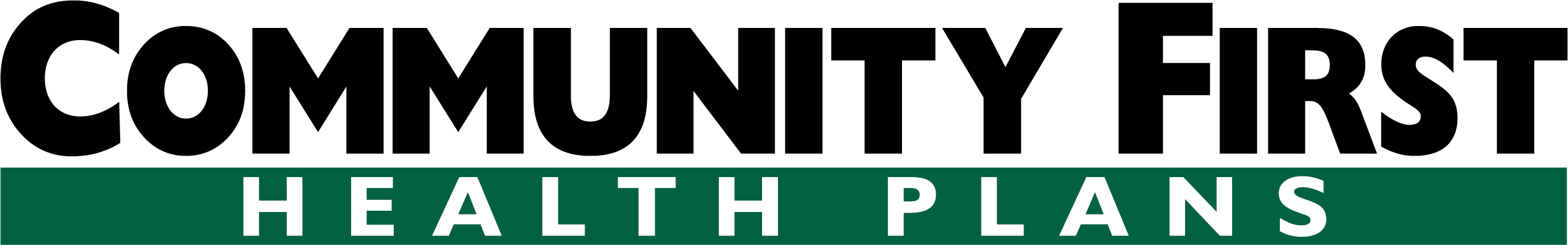 Black, green, and white logo for Community First Health Plans with the words Health Plans on a dark green background.