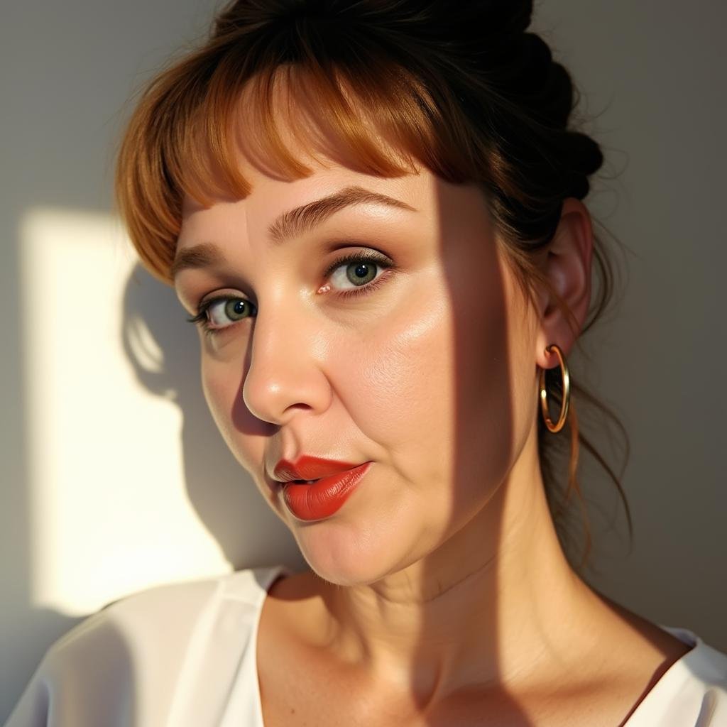 Close-up of a woman with red hair, blue eyes, wearing gold hoop earrings and red lipstick, with sunlight casting a shadow across her face.