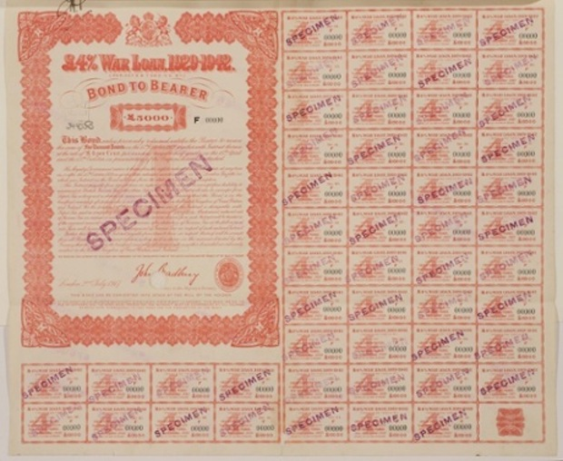 Bond certificates were issued with coupons which would be cut out and exchanged for cash at the Post Office
