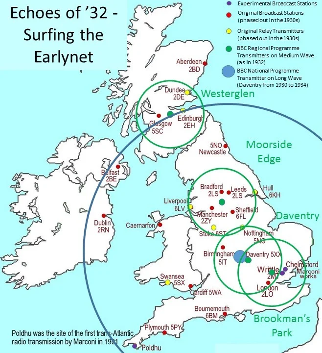 The circles represent transmitter reach, noting the reach of 5XX (blue circle) reflects the new evidence of F.O.Brown's 1932 recordings below