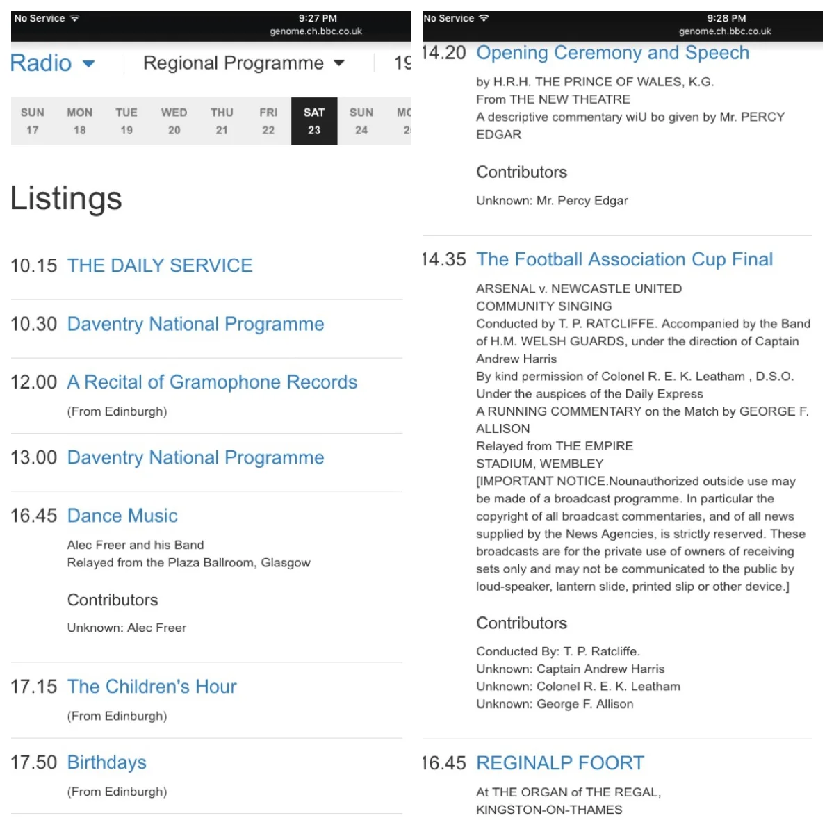 On the left is the Scottish Regional Programme schedule, which departed from the National Programme schedule (on the right) at 4:45pm after that day's FA Cup Final