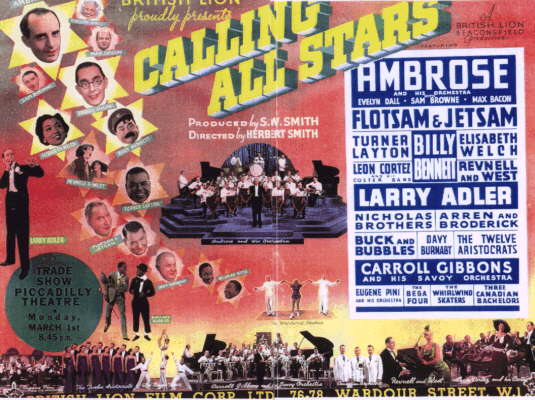 An advertising poster for the film “Calling All Stars” with release date 1st March 1937 