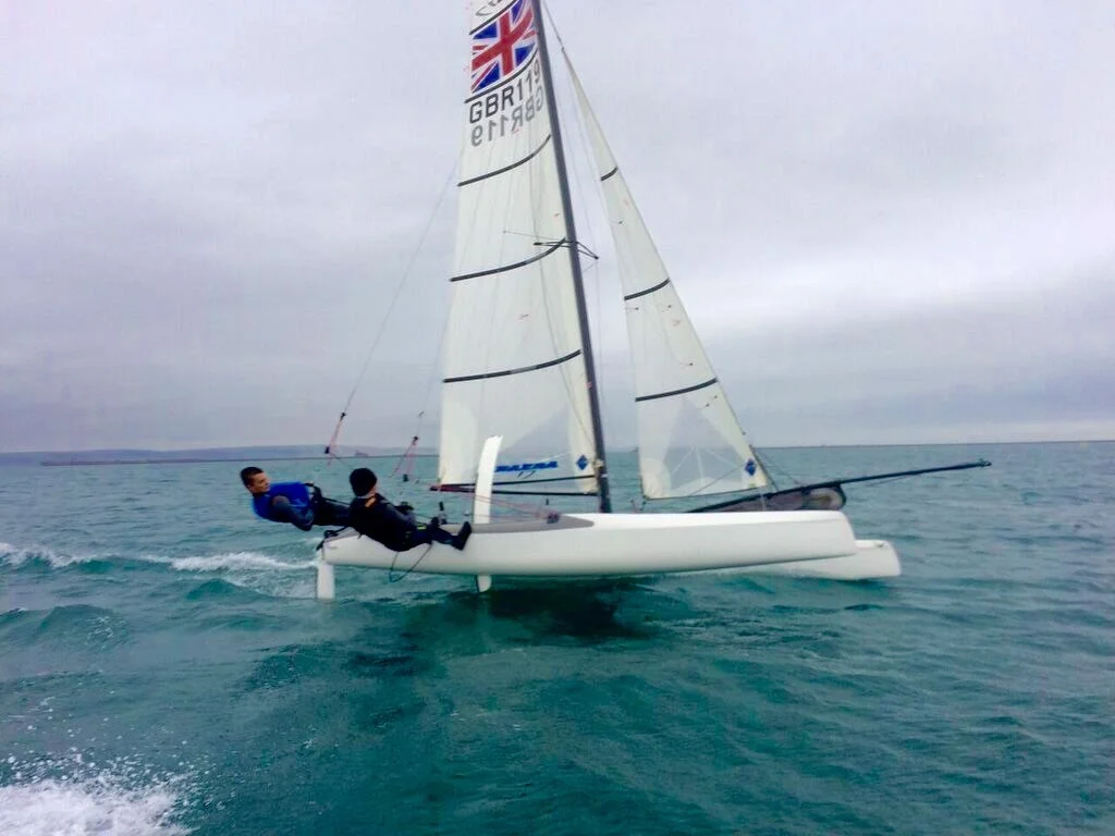 Sailing the Nacra 17 catamaran with my brother, Ben.