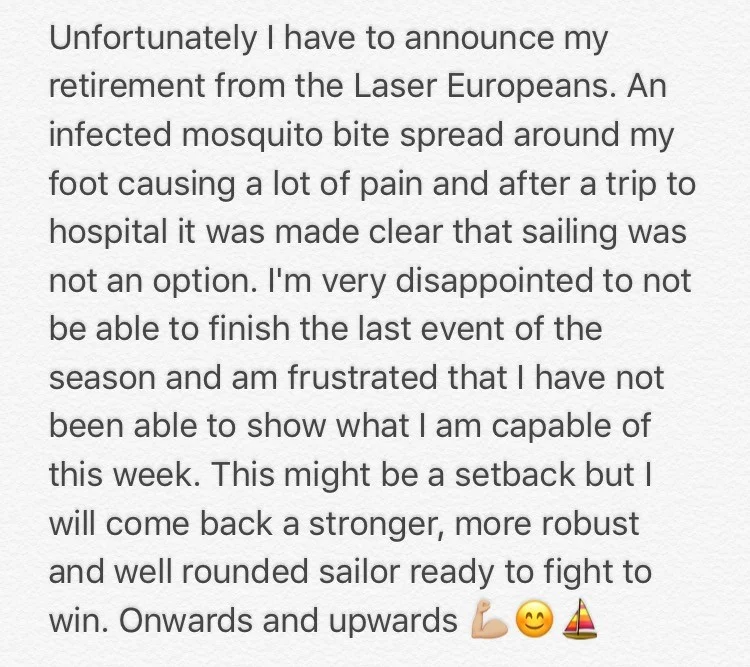 With the infection becoming pretty serious, I was given doctors orders to not sail again in the championships and fly home and rest. Not the end of competition season I had hoped for!