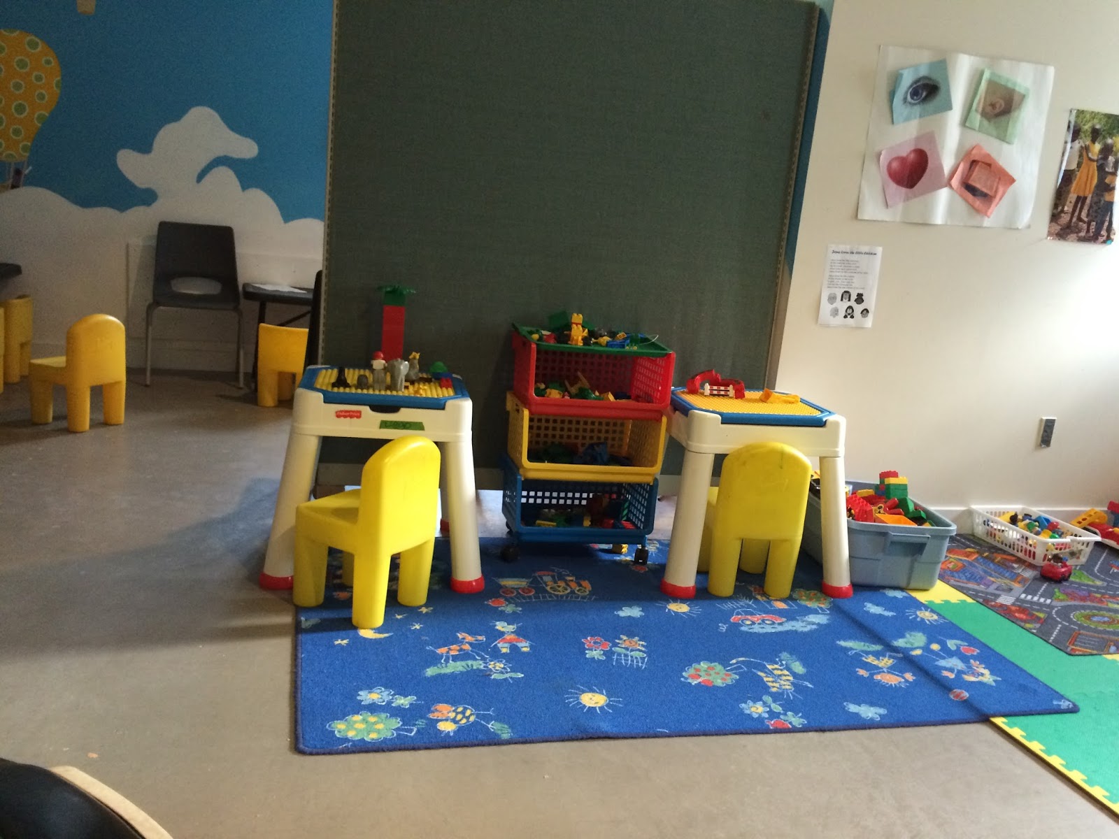 Lego centre, plus a colouring and play-doh area behind i