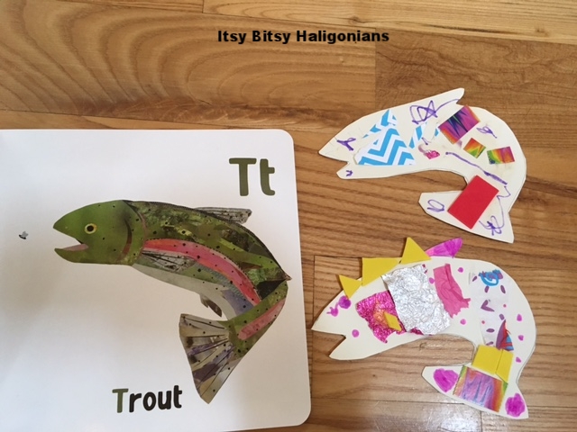 The finished collage art - Mr M's on the top, Miss M's on the bottom (because every trout needs a crown, right?)