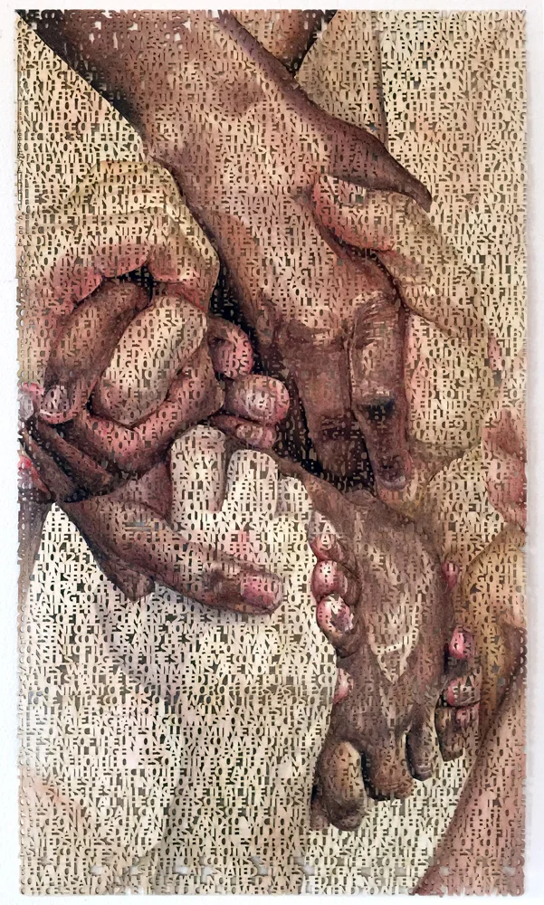 America's Social Contract Due to the current political and social hostilities that surround us everyday I have felt compelled to create work that is inclusive and stresses the importance of positive social agreements. In “America’s Social Contract” I depict diverse races of people pulling each other up, (very much opposed to individuals pushing each other down.) These watercolor paintings are laser cut, transforming them into objects that are literally made out of the words from the constitution. Both sides of the work are painted, making it necessary for the piece to be hung in a manner that allows the viewer to walk around the full piece. Whatever position a viewer is standing in s/he can always see the person on the “Other” side. As light hits the surface of the paintings a cast shadow of the words of the constitution falls on the viewer, making them one with the constitution.