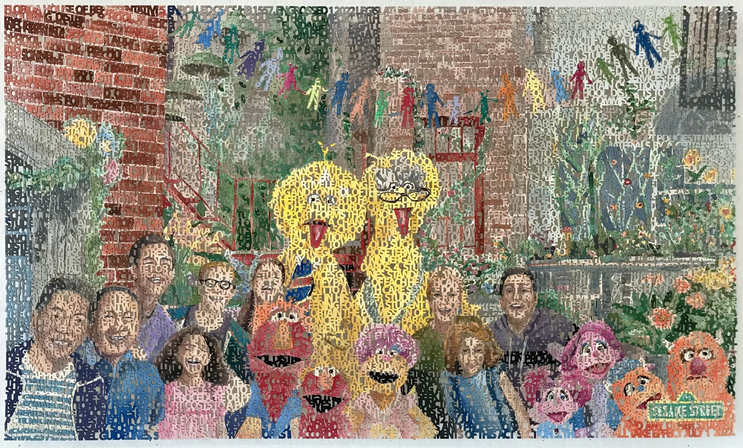  “Don’t Say Gay Dads on Sesame Street”, (painted from the first episode of family day on Sesame Street to include gay parents), laser cut  ink painting on paper, 16.75 x 28.5 inches ©2022 