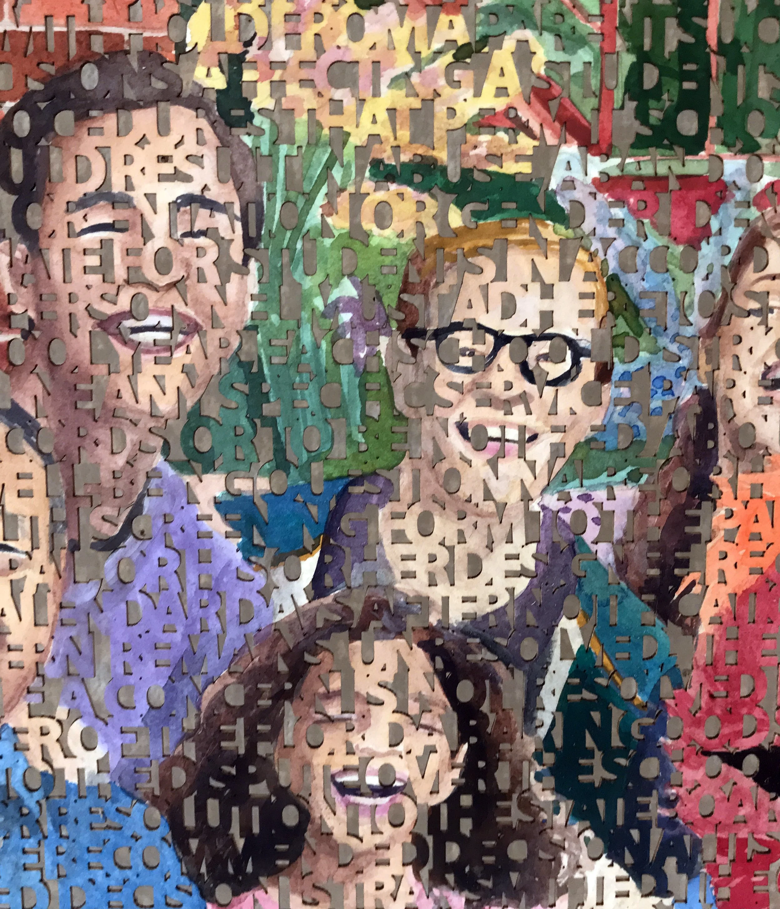  “Don’t Say Gay Dads on Sesame Street”, (close-up of two dads with their daughter), laser cut ink painting on paper, 24 × 36inches ©2022 