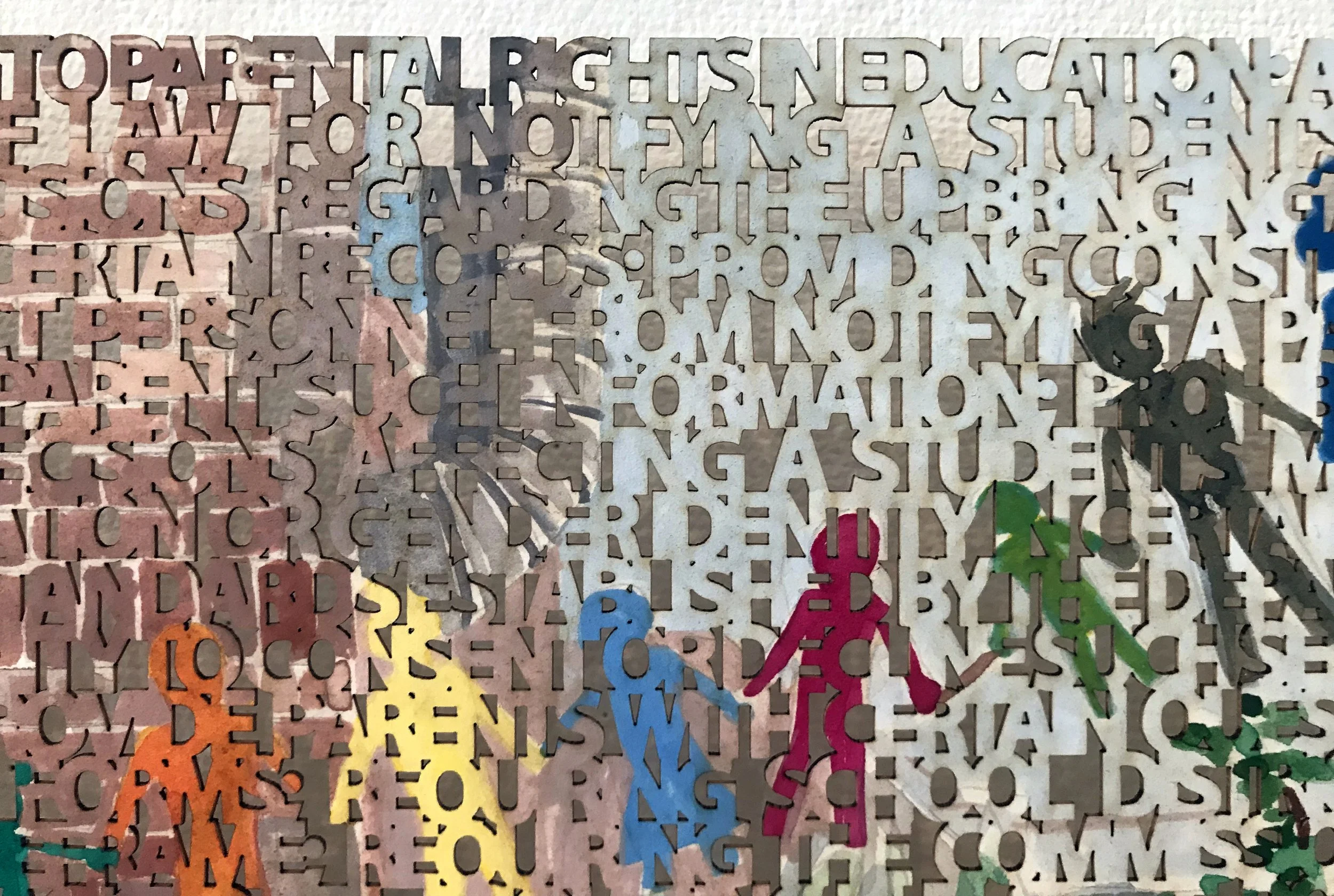  “Don’t Say Gay Dads on Sesame Street”, close-up, laser cut  ink painting on paper, 16.75 x 28.5 inches ©2022 