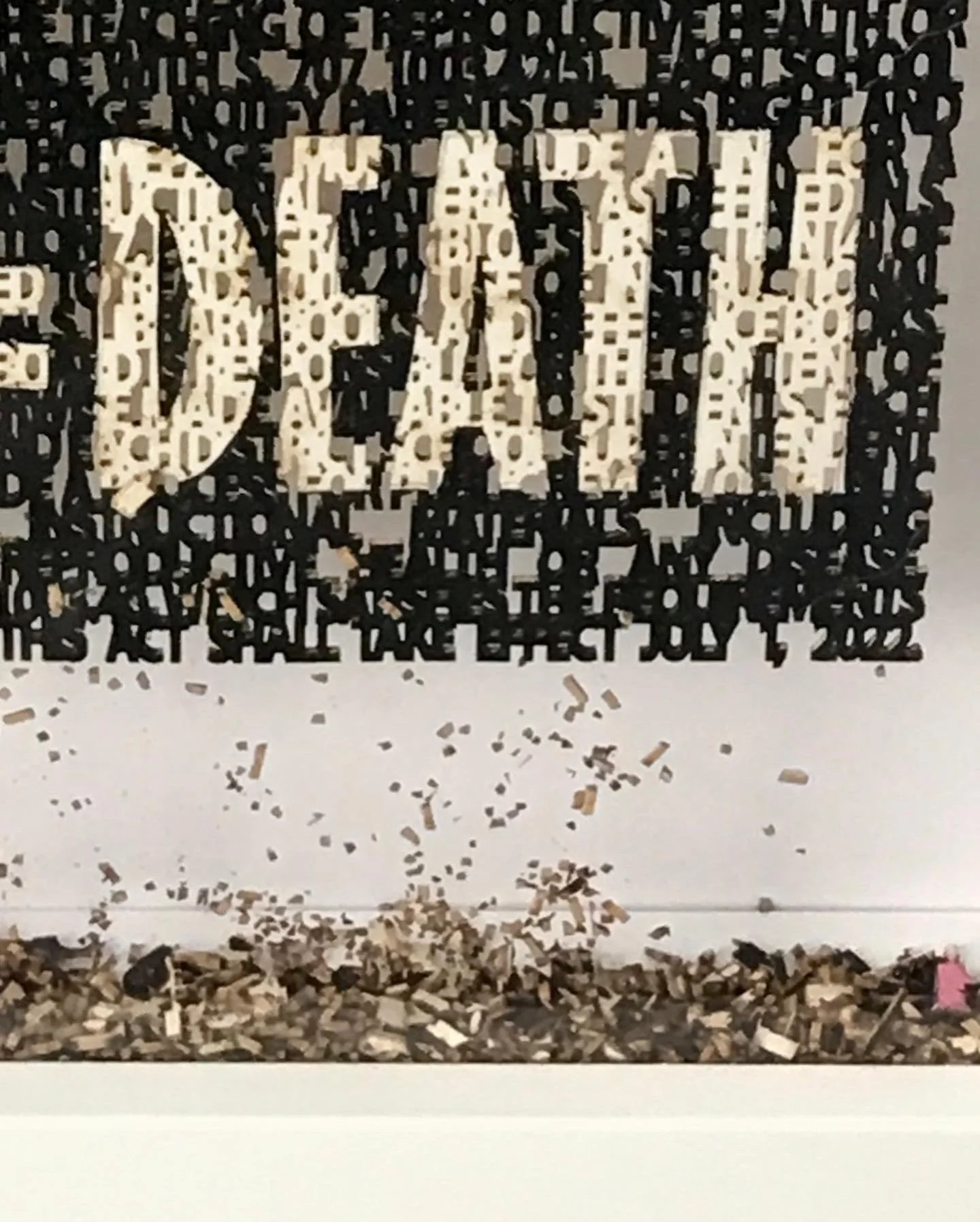   Stop W.O.K.E. Act, (close up of Silence = Death poster),  laser cut ink painting on paper, 9 x 6 inches ©2022 