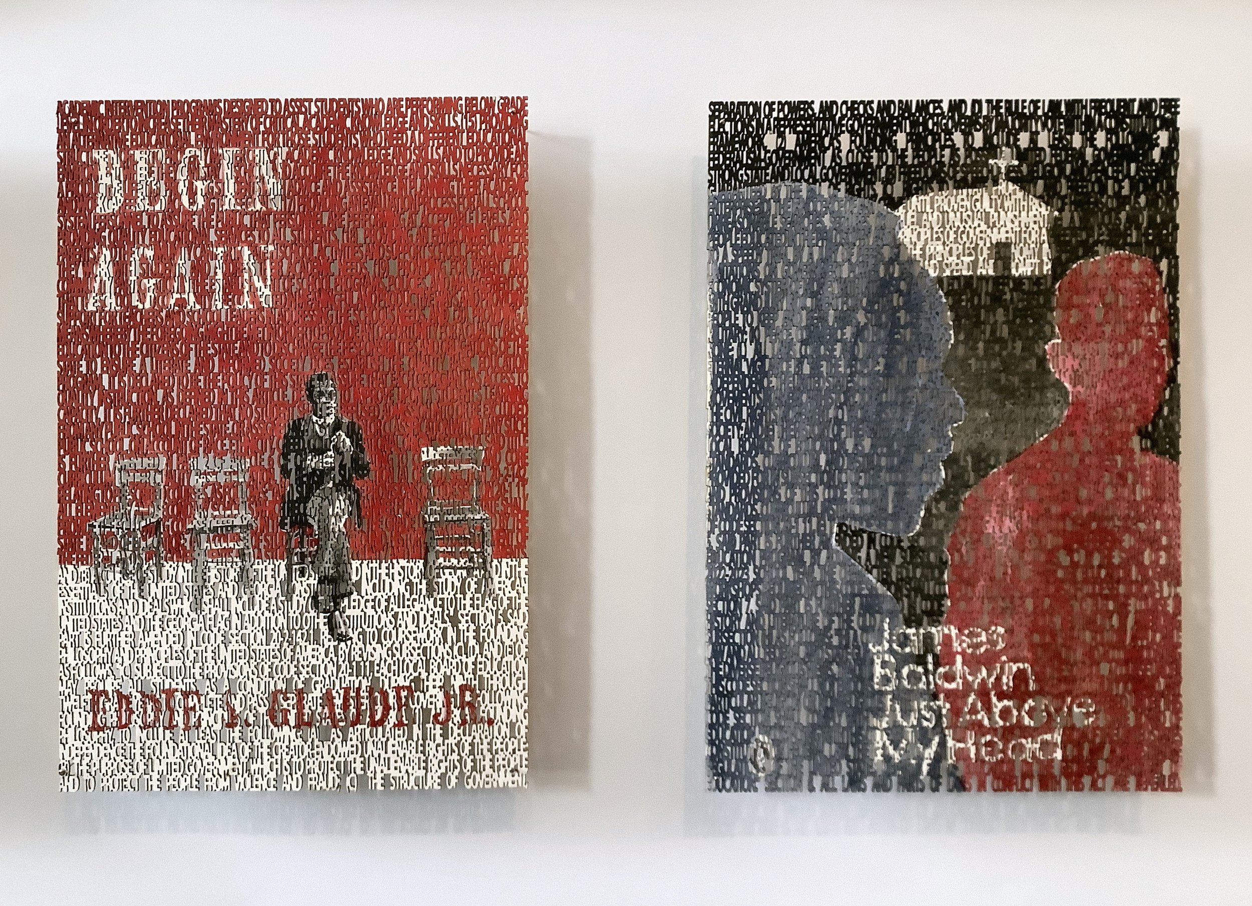   Georgia HB 888, close up - Begin Again &amp; Just Above My Head by James Baldwin,   laser cut ink painting on paper, 9 x 6 inches each ©2022 