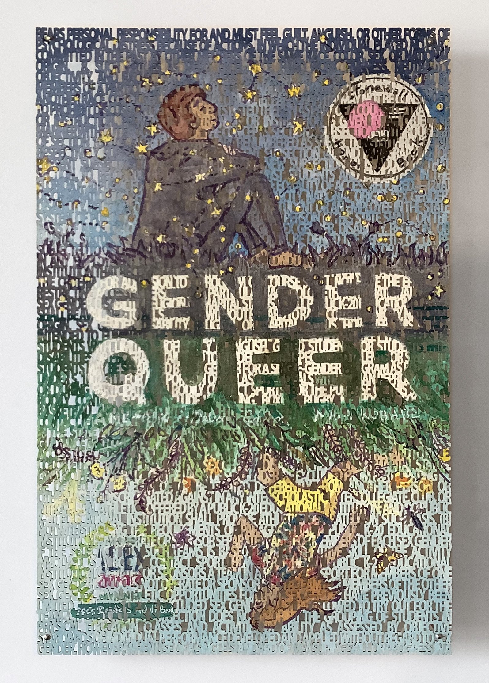   Stop W.O.K.E. Act , (close up of  Gender Queer  book cover), laser cut ink &amp; watercolor painting on paper, 9 x 6 inches ©2022 