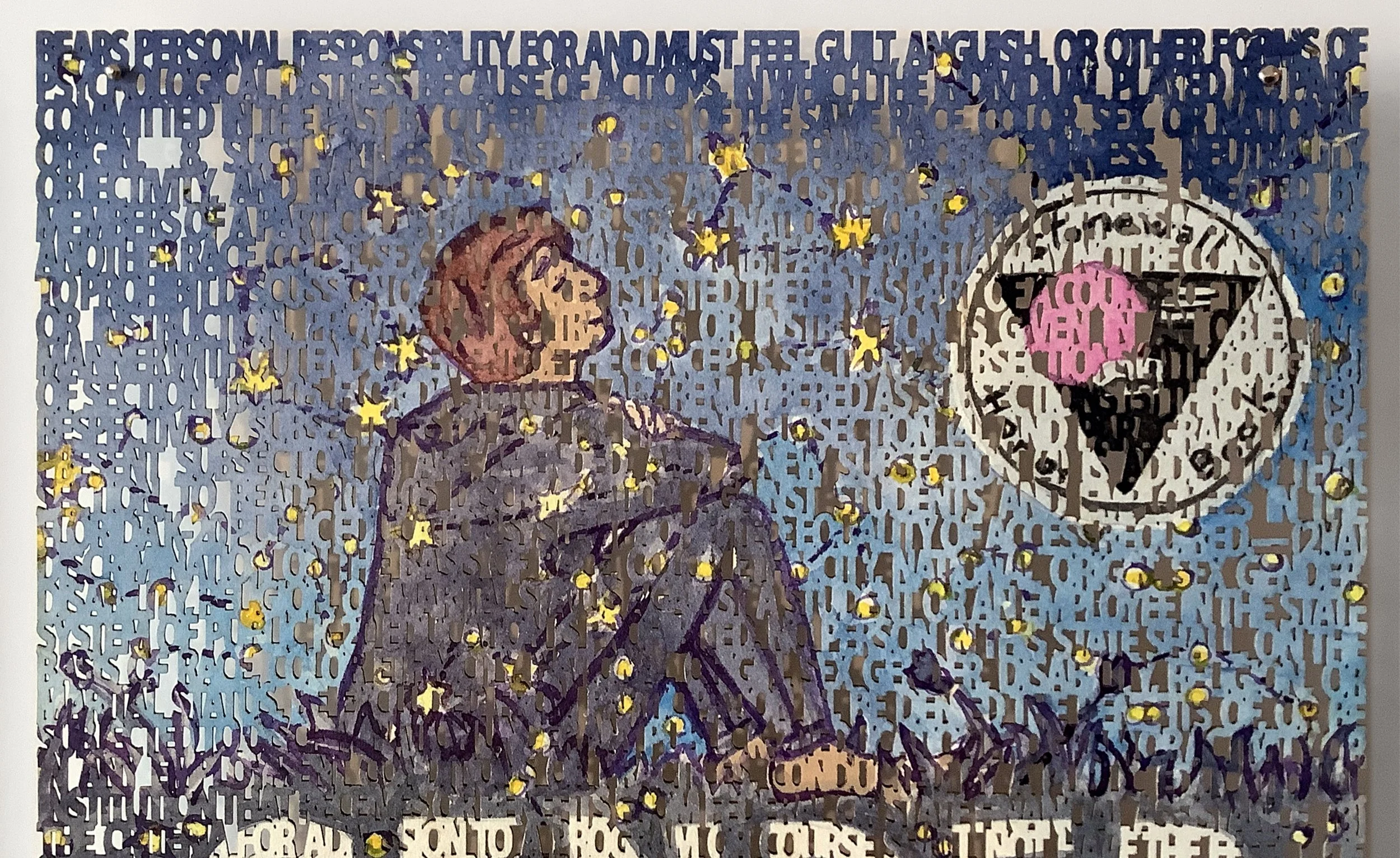   Stop W.O.K.E. Act,  (close up of  Gender Queer  book cover), laser cut ink &amp; watercolor painting on paper, 9 x 6 inches ©2022 