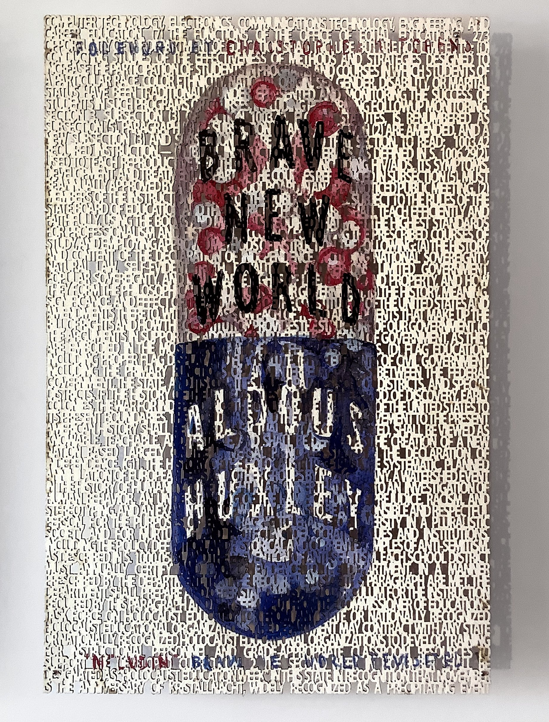   Stop W.O.K.E. Act,  (close up of  Brave New World  book cover), laser cut ink &amp; watercolor painting on paper, 9 x 6 inches ©2022 
