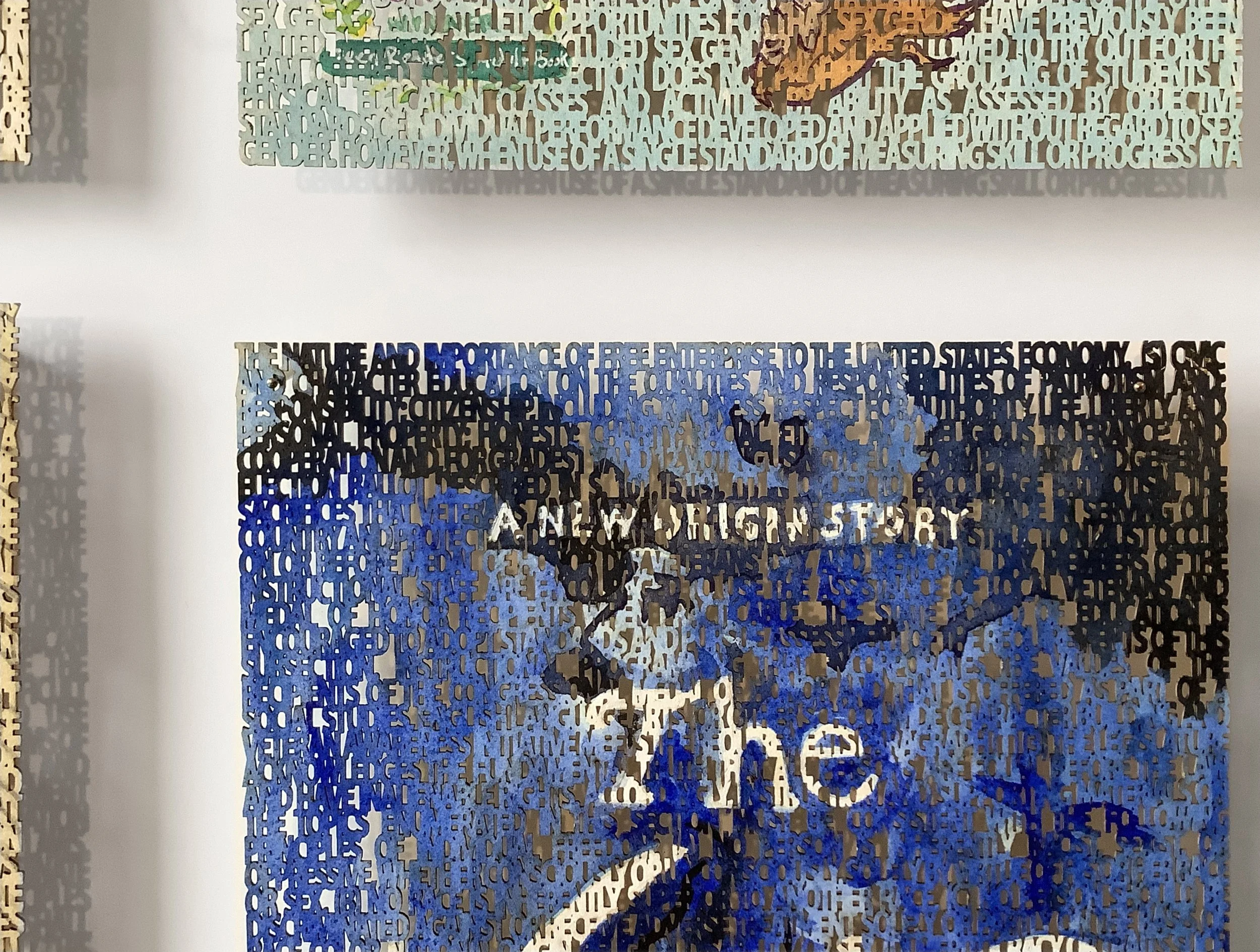   Stop W.O.K.E. Act,  (close up of  The 1619 Project  book cover), laser cut ink &amp; watercolor painting on paper, 9 x 6 inches ©2022 
