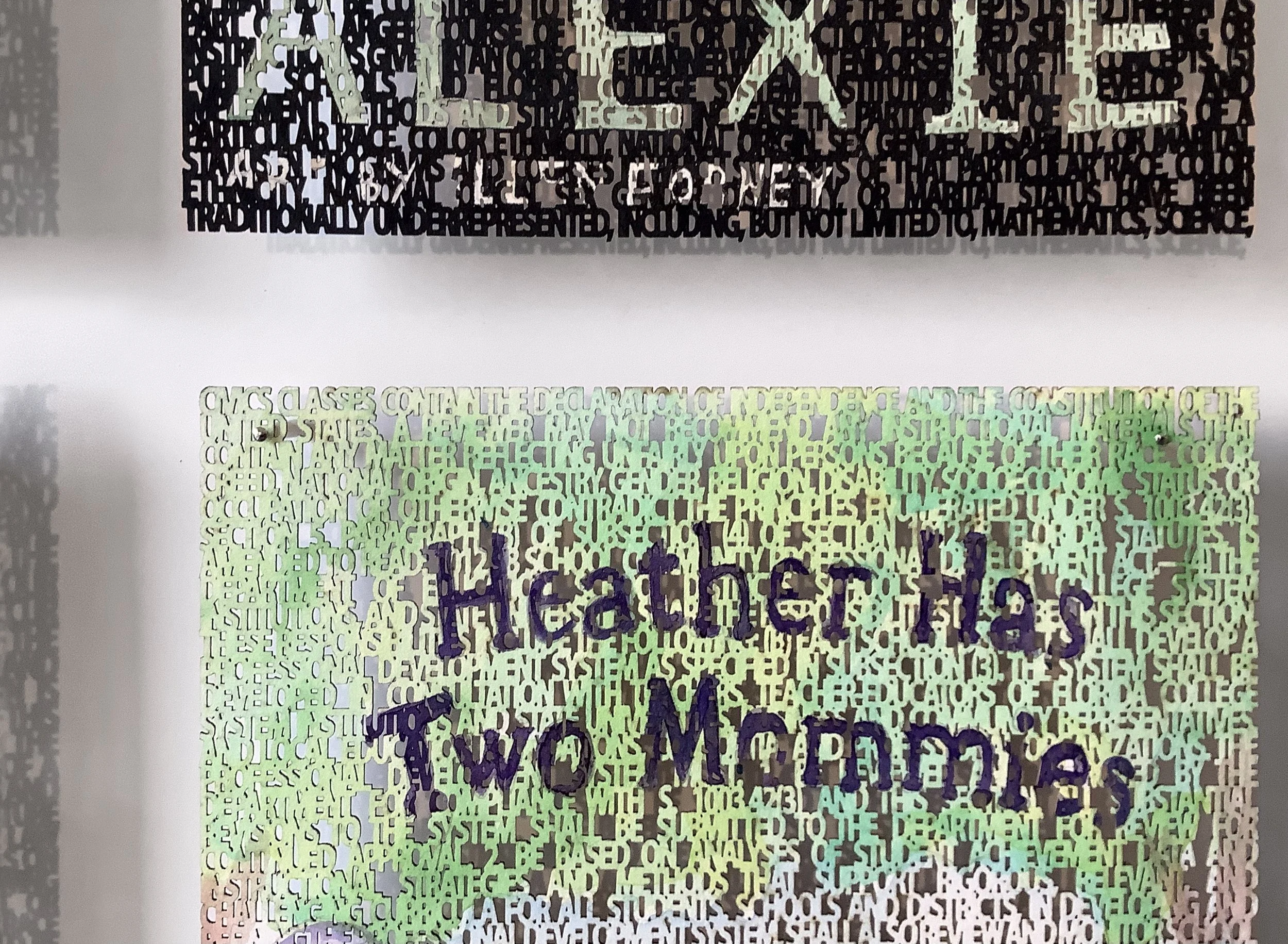  Stop W.O.K.E. Act , (close up of  Heather Has Two Mommies,   book cover), laser cut ink &amp; watercolor painting on paper, 9 x 6 inches ©2022 