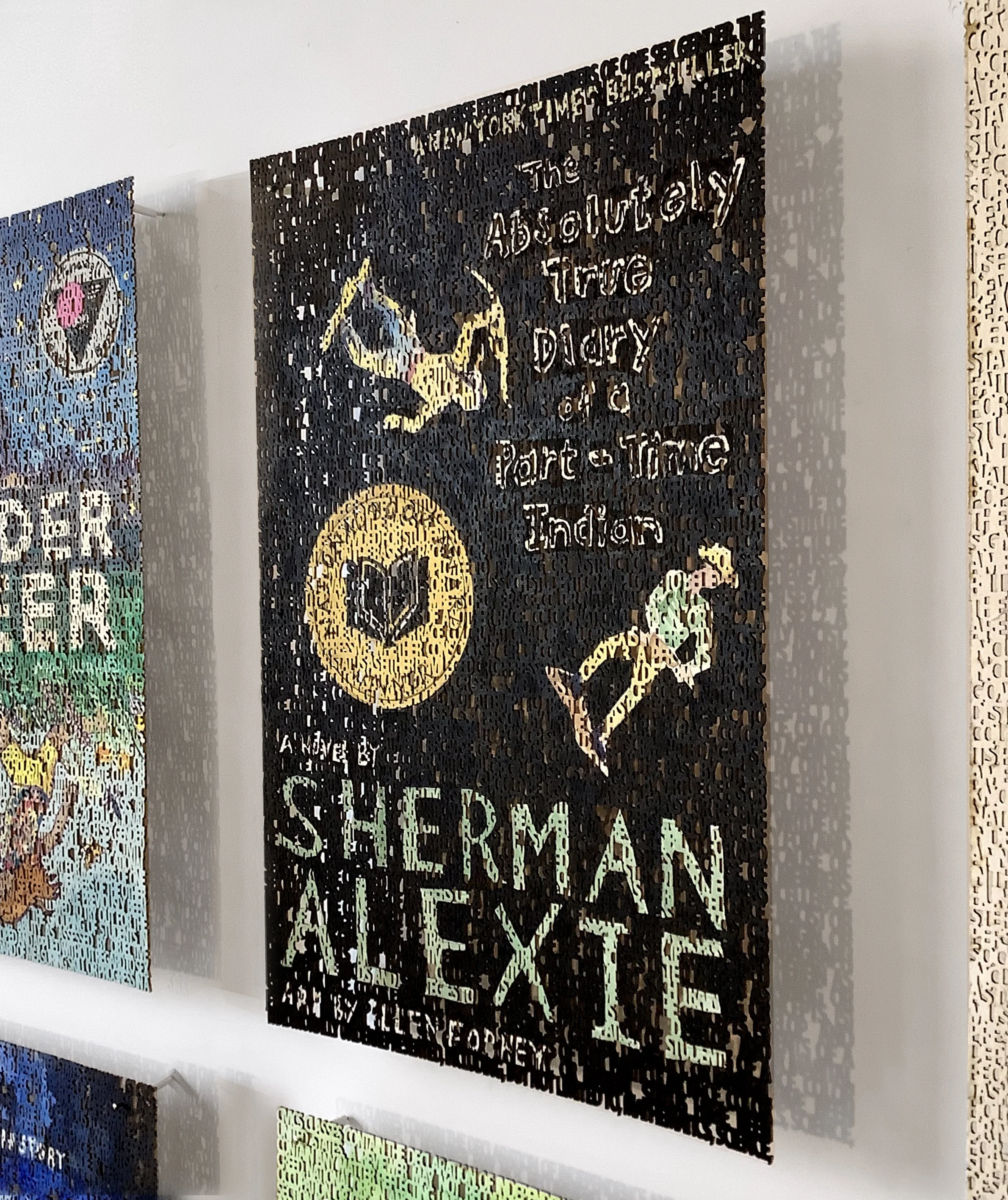   Stop W.O.K.E. Act , (close up of  The Absolutely True Diary of a Part-Time Indian  book cover), laser cut ink painting on paper, 9 x 6 inches ©2022 