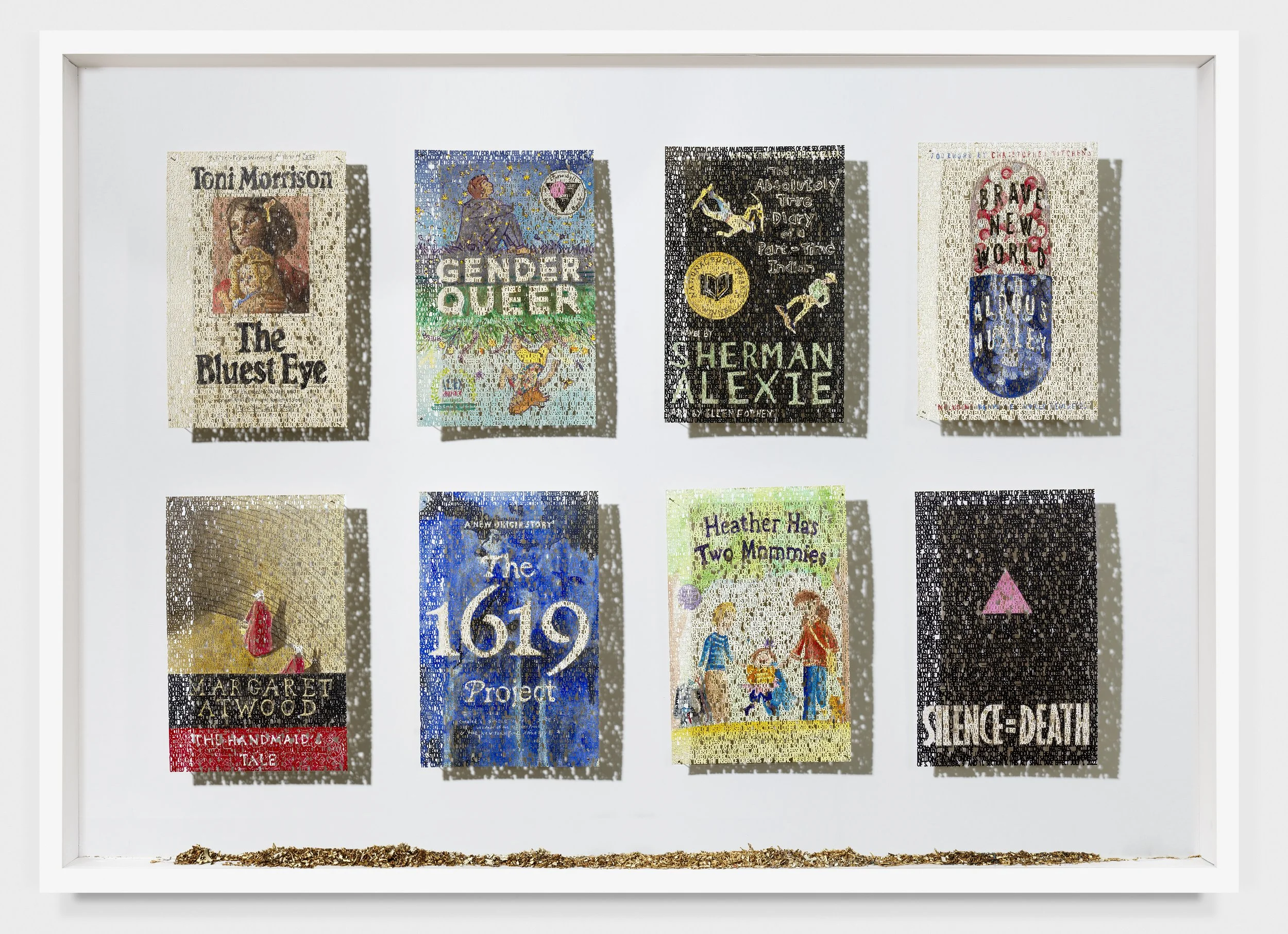   Stop W.O.K.E. Act , laser cut ink &amp; watercolor paintings on paper, 9 x 6 inches each, 26 x 44 inches framed ©2022 