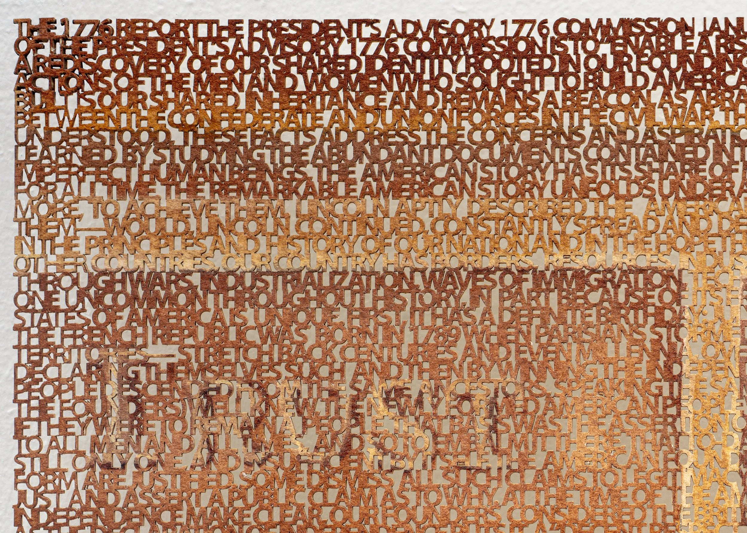  The 1776 Report and The New American Republic Library, close-up, laser cut ink painting on paper, 38 x 29 inches, ©2024. 