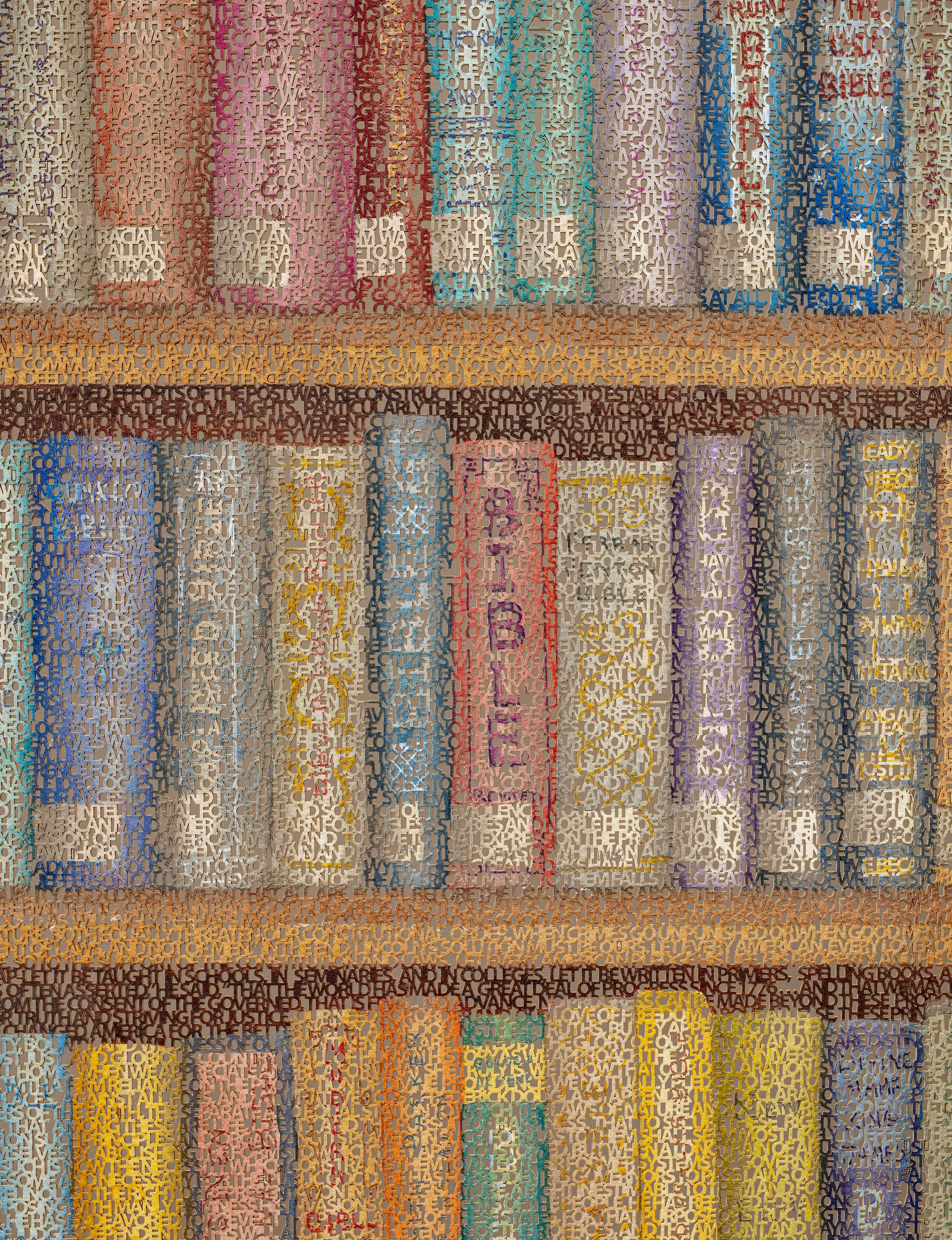  The 1776 Report and The New American Republic Library, close-up, laser cut ink painting on paper, 38 x 29 inches, ©2024. 