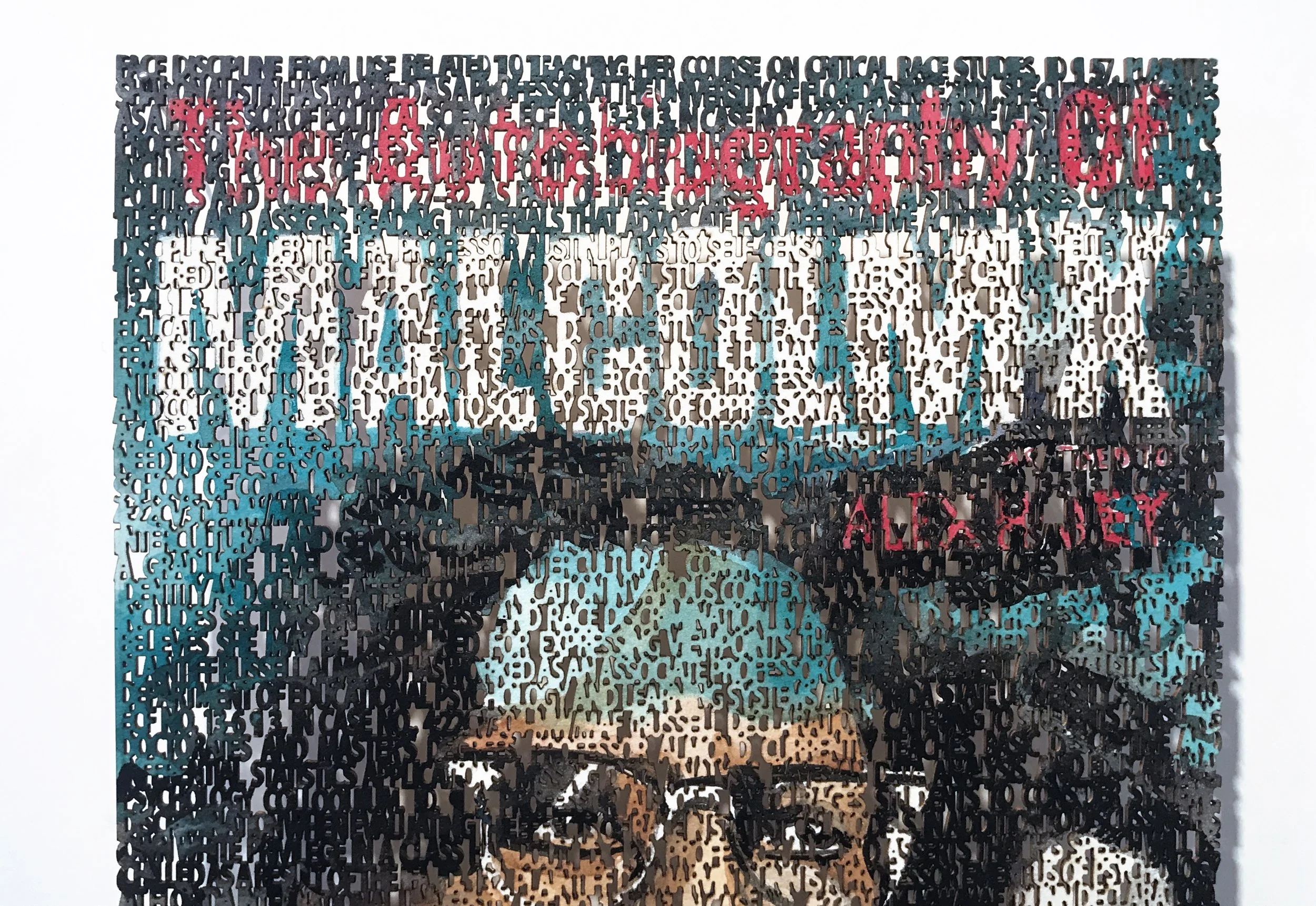  LEROY PERNELL V. FLORIDA BOARD OF GOVERNORS OF THE STATE UNIVERSITY SYSTEM &amp; ADRIANA NOVOA V. MANNY DIAZ JR, close up of The AutoBiography of Malcom X, laser cut ink painting on paper, 9 x 6 inches installation 84 × 42 inches ©2023 