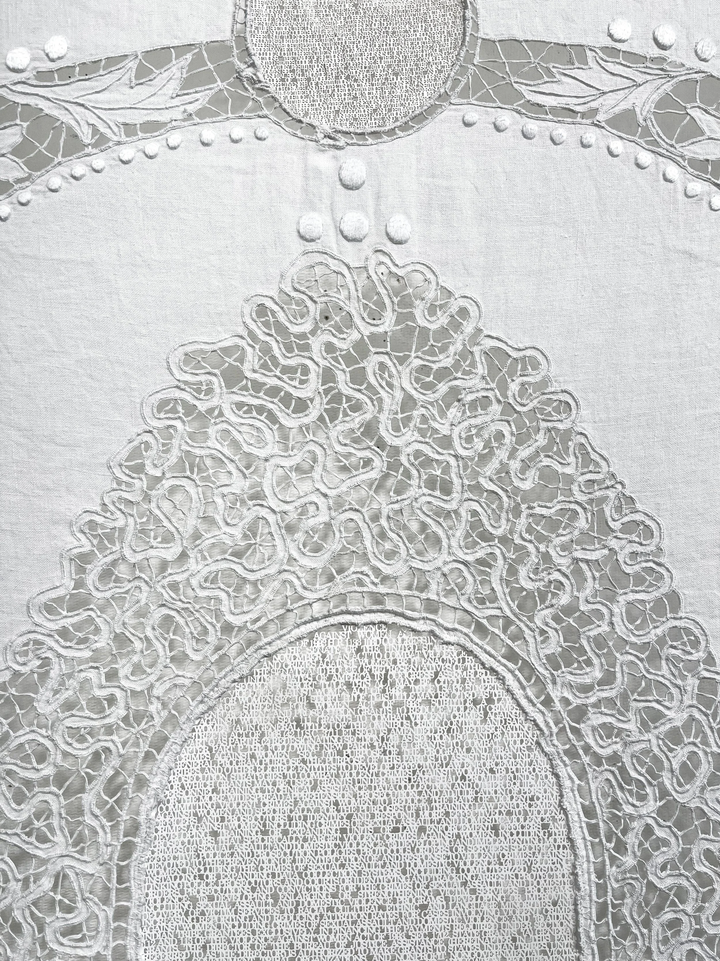 Thank America For the Violence Against Women Act of 1993, detail, laser cut paper sewn into antique wedding bed sheet, 84 x 80 inches ©2026