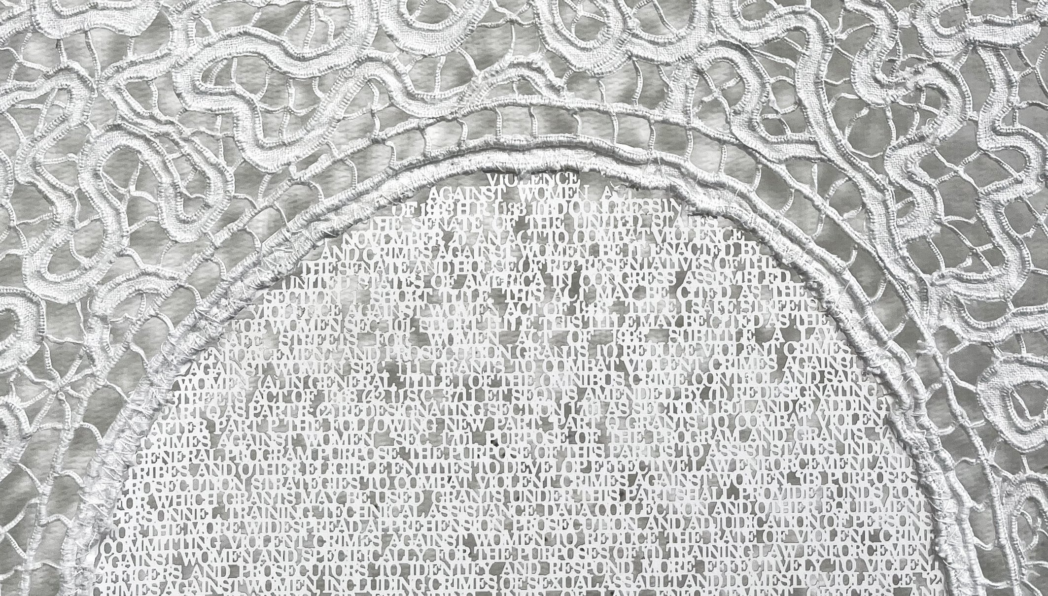 Thank America For the Violence Against Women Act of 1993, detail, laser cut paper sewn into antique wedding bed sheet, 84 x 80 inches ©2026