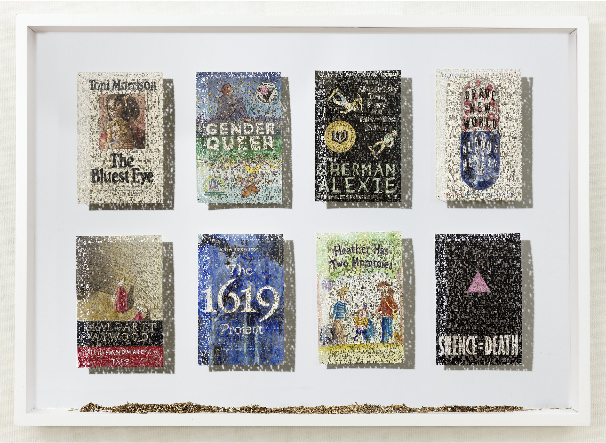  Stop W.O.K.E. Act, laser cut ink &amp; watercolor paintings on paper, 9 x 6 inches each, 26 x 44 inches framed ©2022 