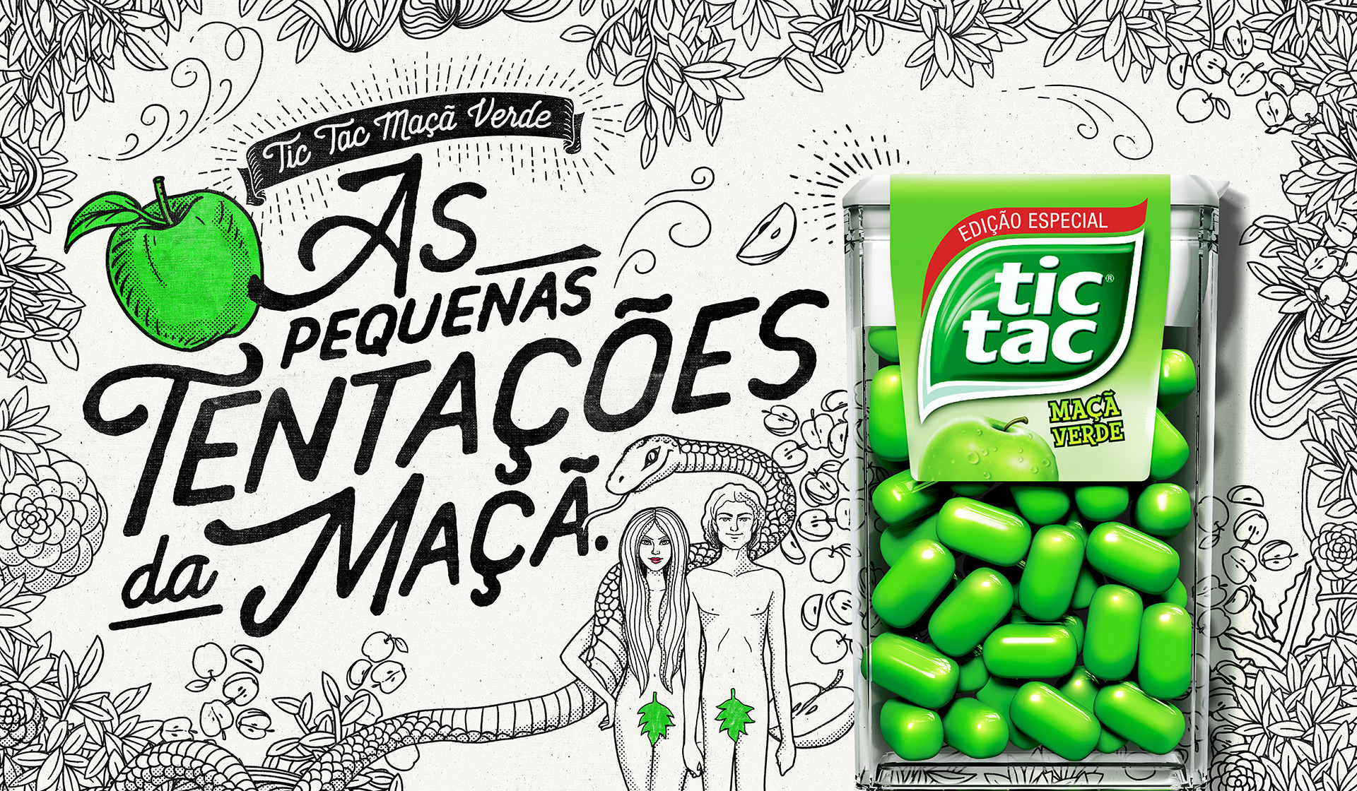 Text: Tic Tac Green Apple. The little temptations of the apple.