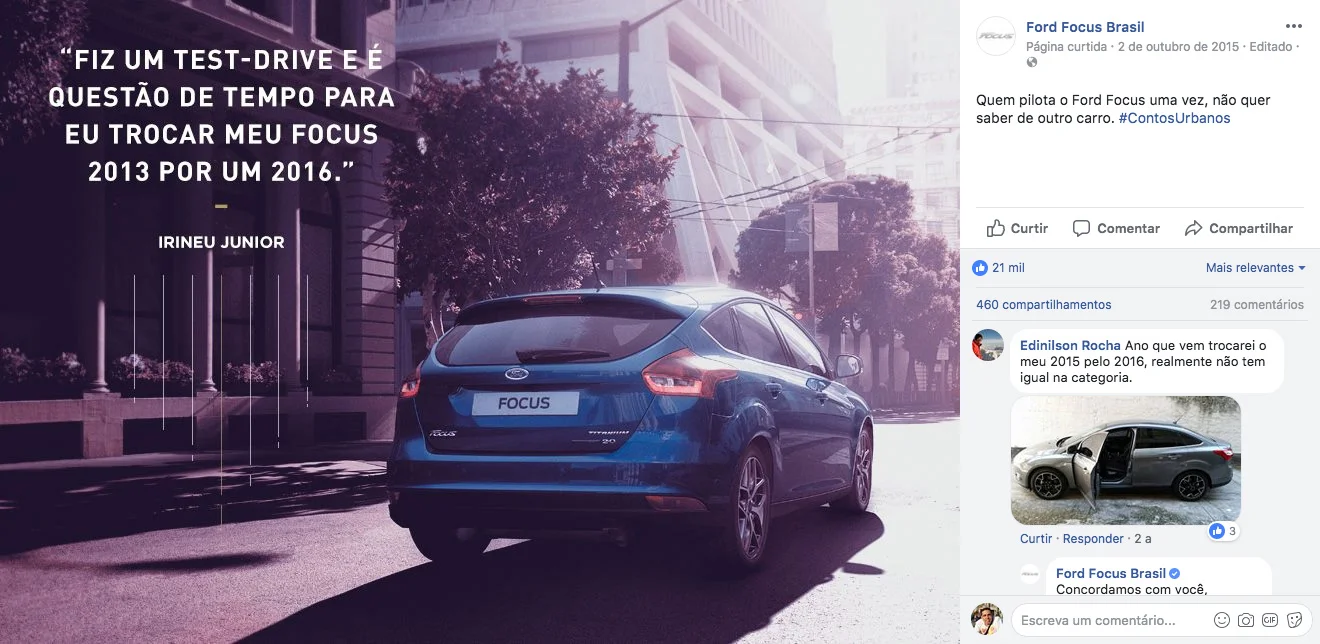 Text: “I did a test drive and it's only a matter of time before I change my 2013 Ford Focus for a 2016."