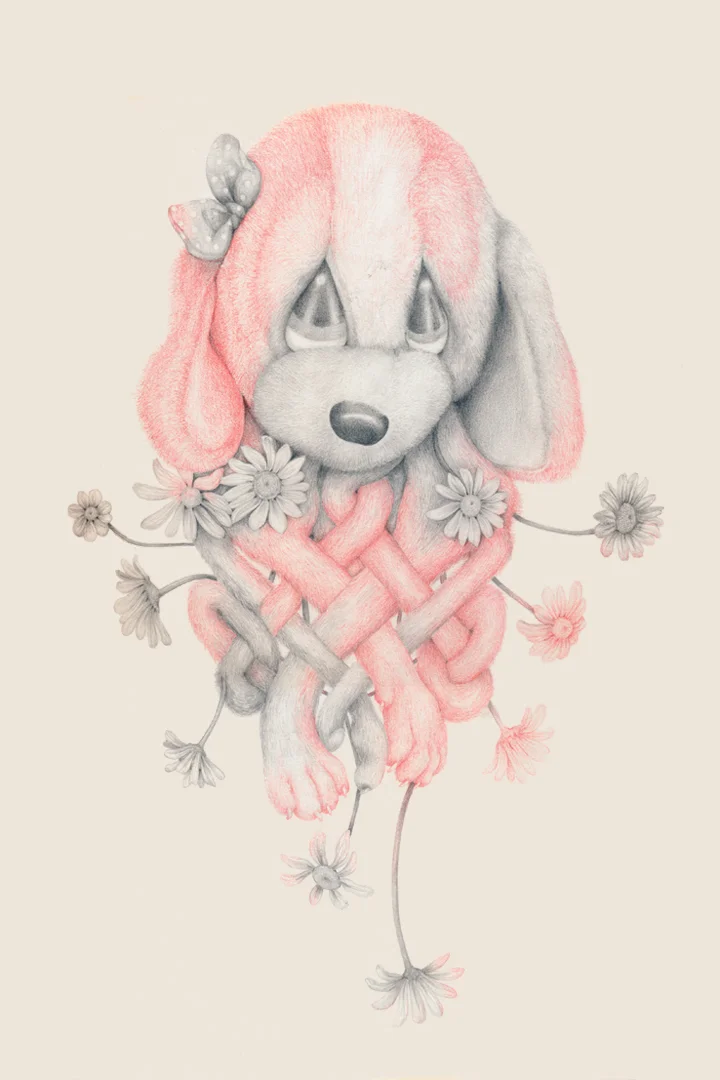 "Celtic Puppy (pink)" colored pencil, pencil on paper, 17 x 12", 2014