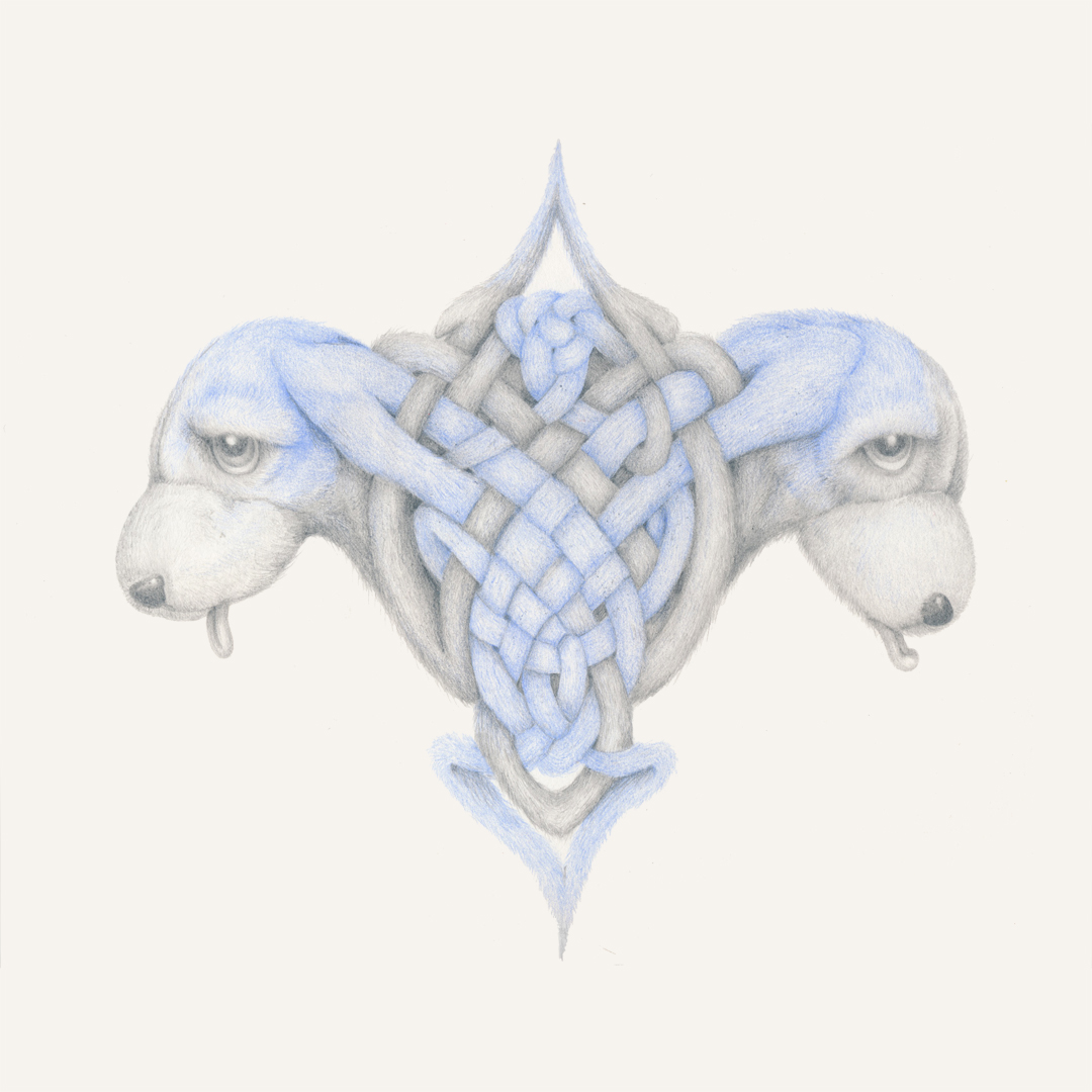 "Tribal Puppies", colored pencil, pencil, tears on paper, 12 x 12", 2014