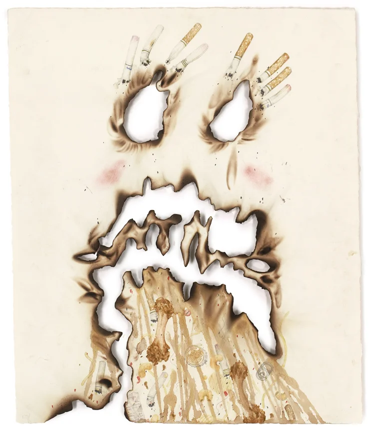 "Vomit Comet" pencil, colored pencil, acrylic, beer, coffee, dirt on paper, 18" x 15", 2008