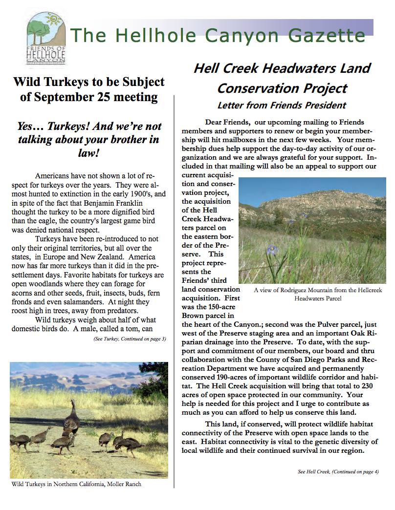 September 2010 Newsletter: Wild Turkeys, Hellcreek Campaign