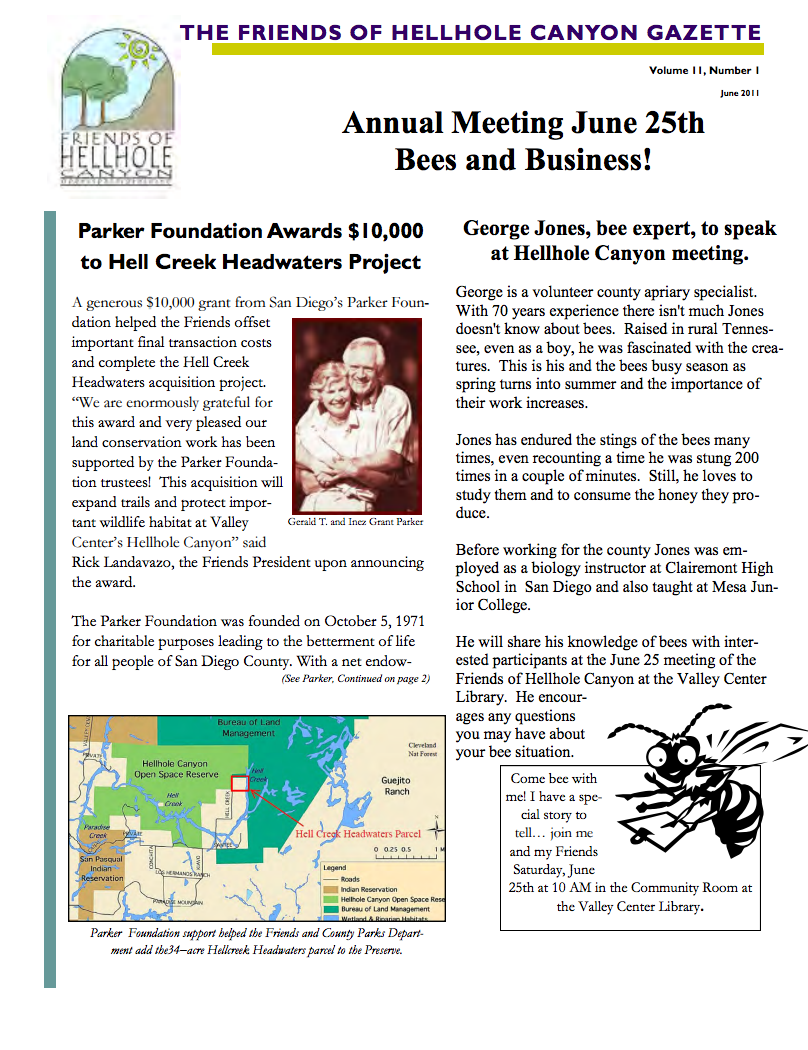 June 2011 Newsletter: Honeybees, Parker Foundation Awards $10,000