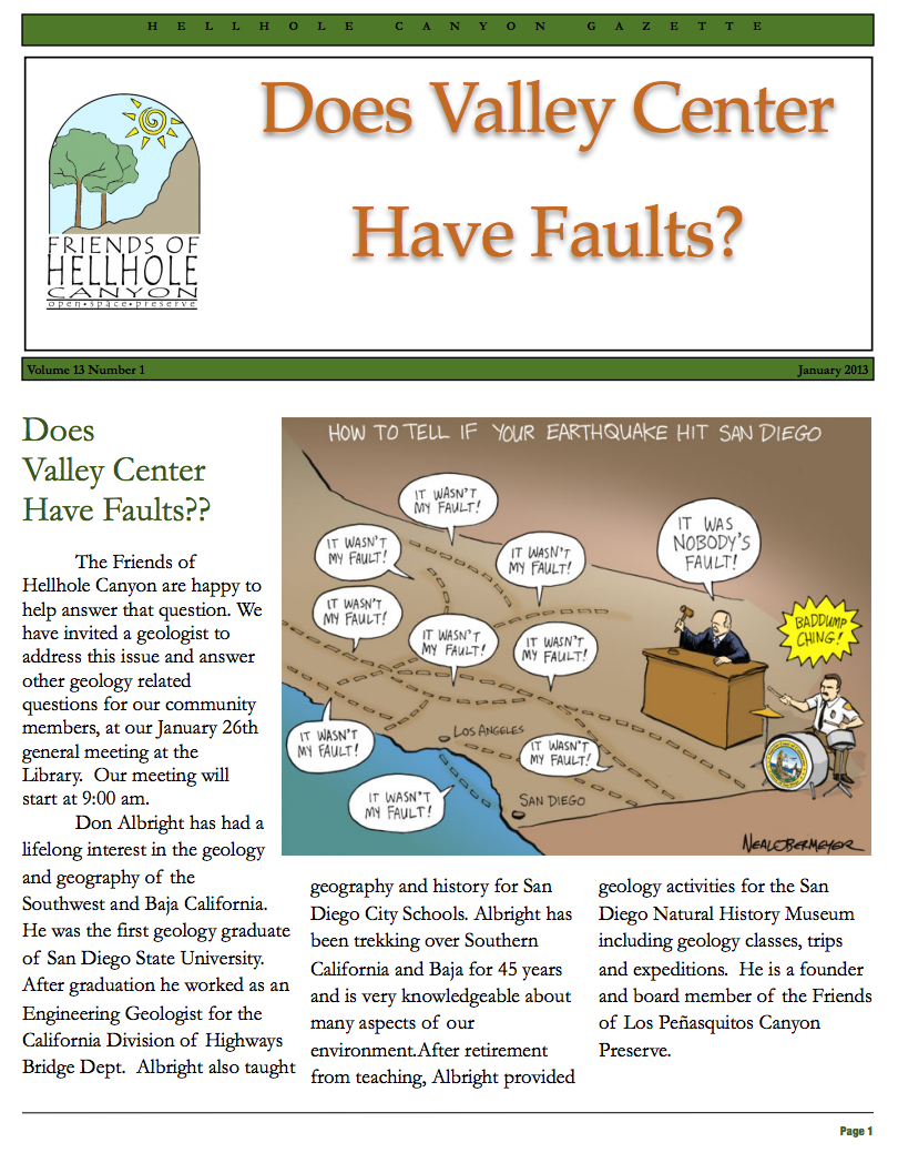 January 2013 Newsletter: Does Valley Center Have Faults?