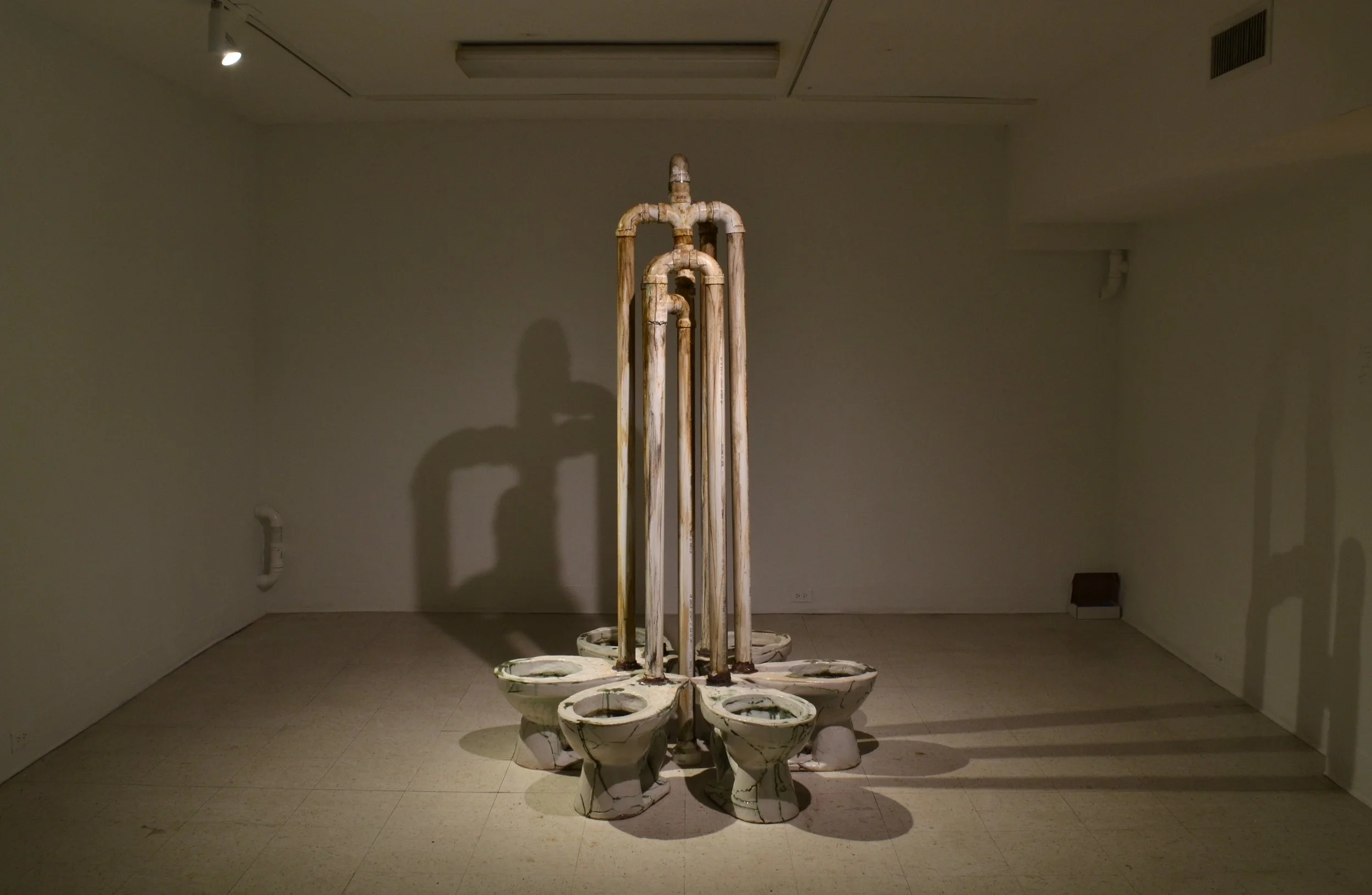 Fountain ^10 stoneware, copper and iron oxides, glaze, PVC, paint, lead solder, water 84 x 60 x 60