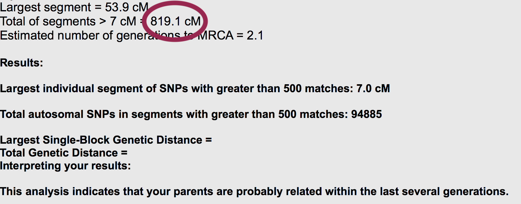 This selection of numbers on a AYPR report that suggests the person’s parents were closely-related. The red circle focuses on the total cM count.