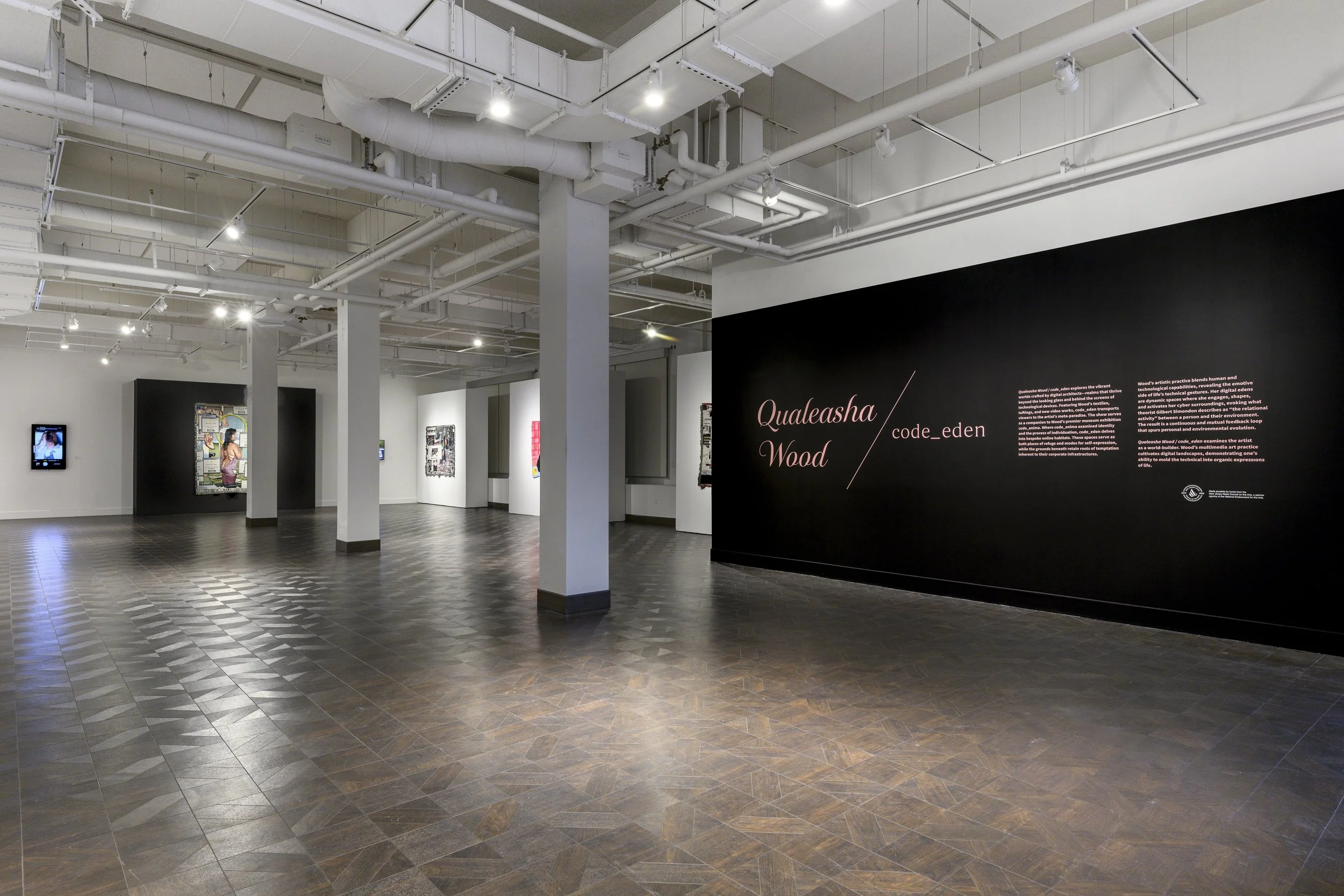  Installation view,  Qualeasha Wood: code_eden , 2025, Rowan University Art Gallery and Museum, Courtesy of Rowan University Art Gallery and Museum, Photography by Constance Mensh. 