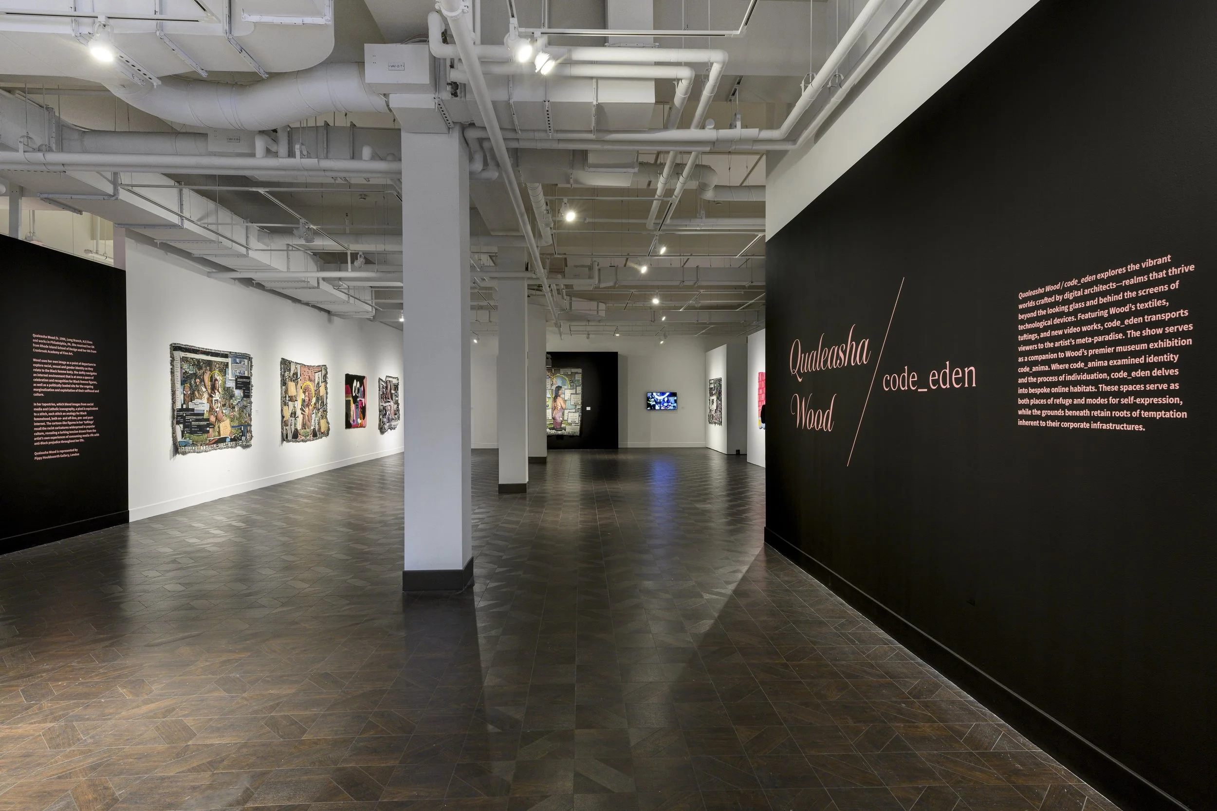  Installation view,  Qualeasha Wood: code_eden , 2025, Rowan University Art Gallery and Museum, Courtesy of Rowan University Art Gallery and Museum, Photography by Constance Mensh. 